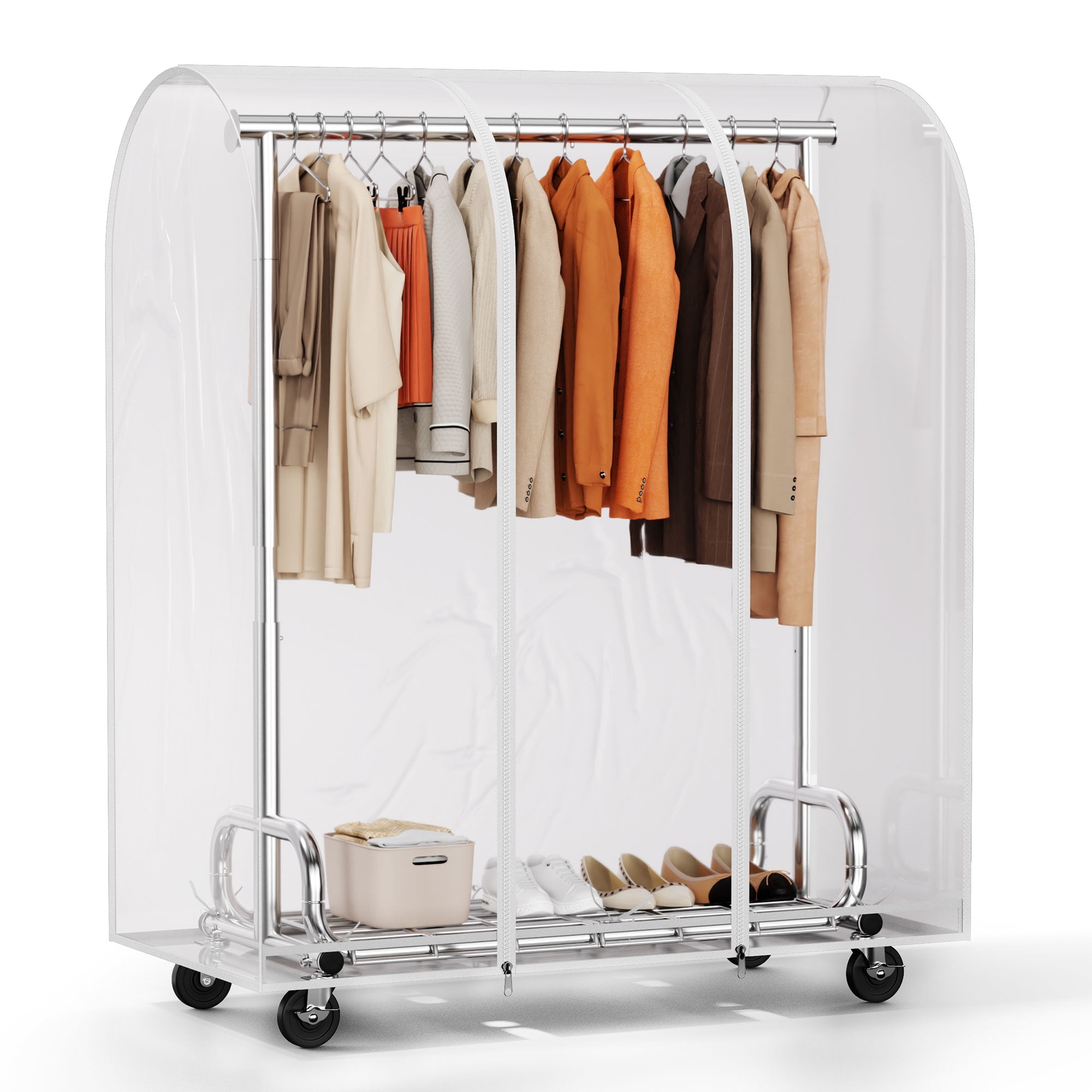 HOKEEPER Heavy Duty Rolling Garment Rack with Zippered Dust Cover (Silver, 450 lb Capacity) 7e30i