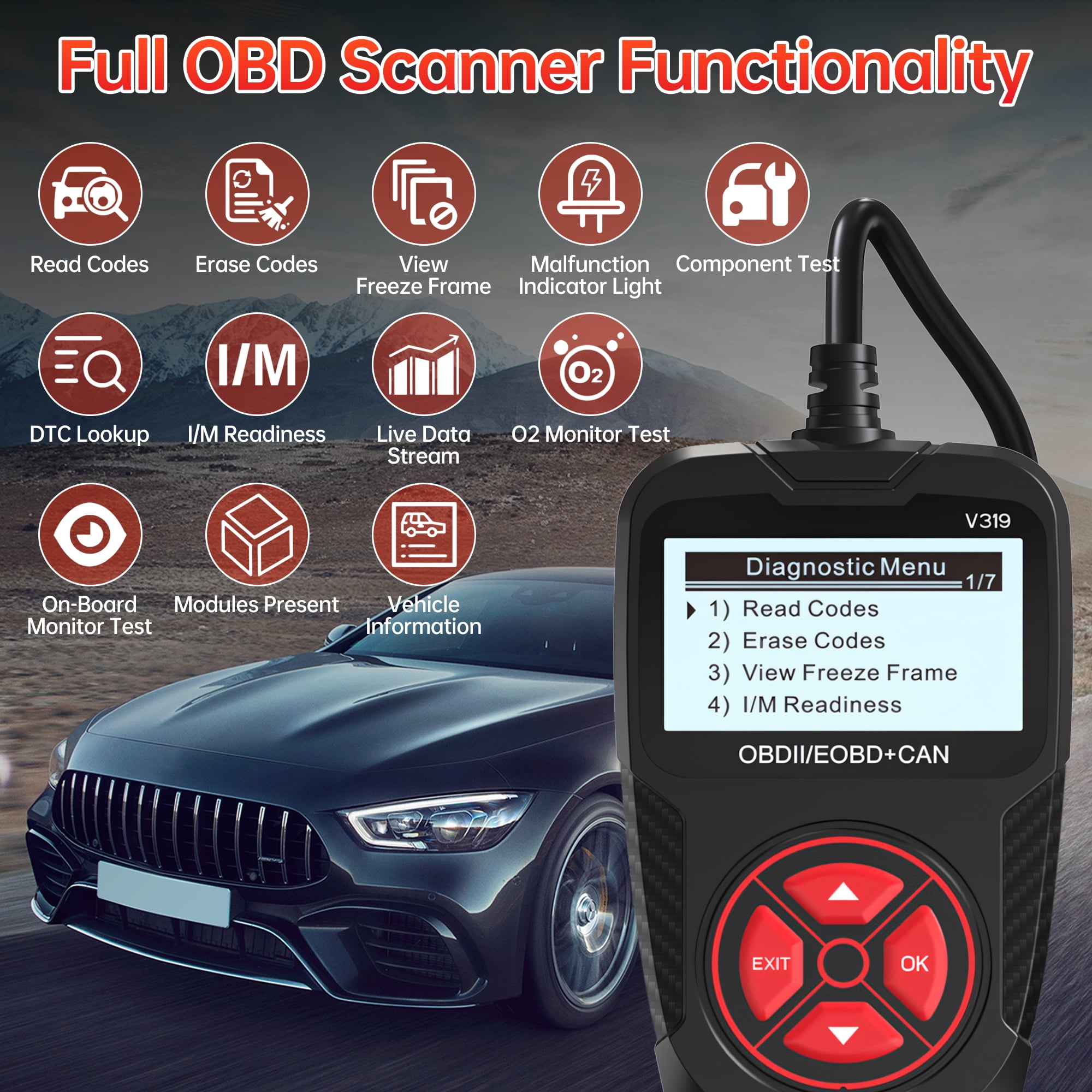 Sentryse OBD2 Scanner Diagnostic Tool, Car Code Reader for Check Engine Light (Red, 1 Pack) vezzi