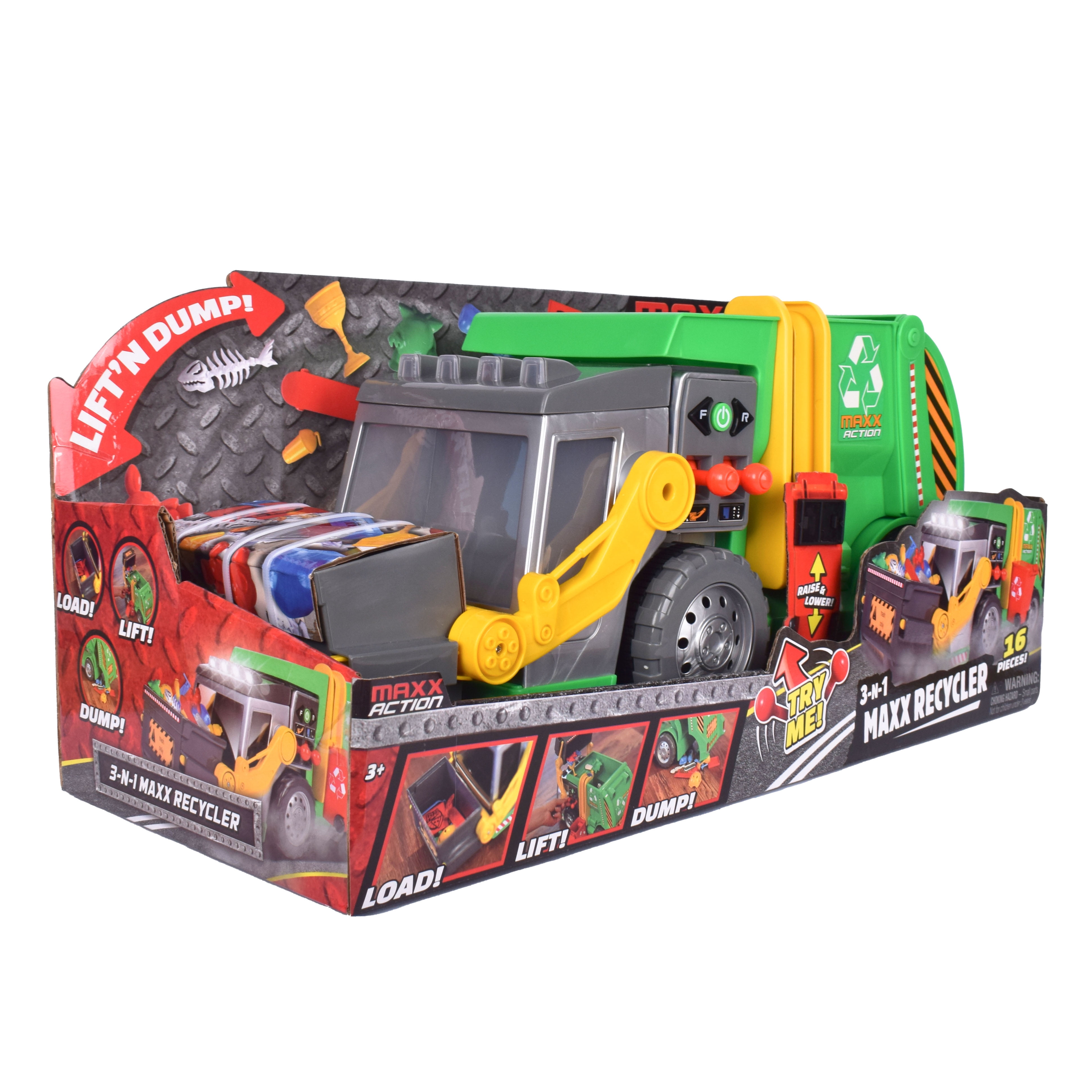 Maxx Action 3-N-1 Recycler Garbage Truck Toy with Motorized Drive, Lights, and Sounds (19 in x 9 in) s1h6f