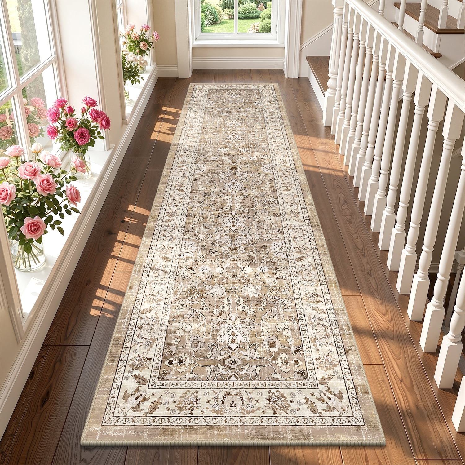 MJIAexp Boho Floral Kitchen Runner Rug, Machine Washable Non-Slip Hallway Carpet (Beige, 2 ft x 8 ft) umdat - Image 2