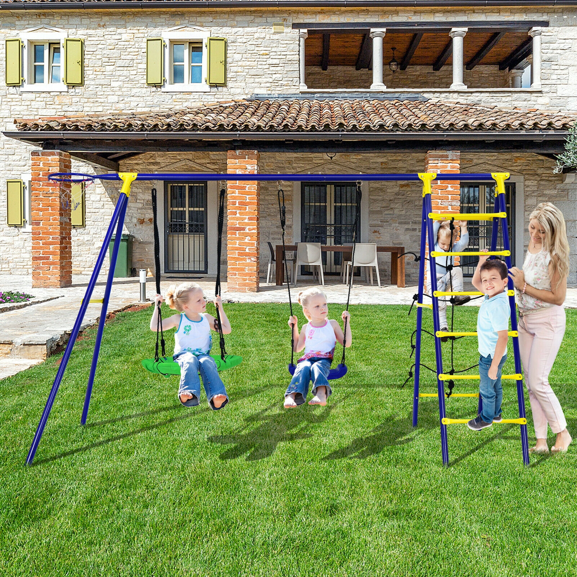 Gymax 5-in-1 Kids Outdoor Swing Set with Basketball Hoop and Climbing Ladder (Blue) y2tza