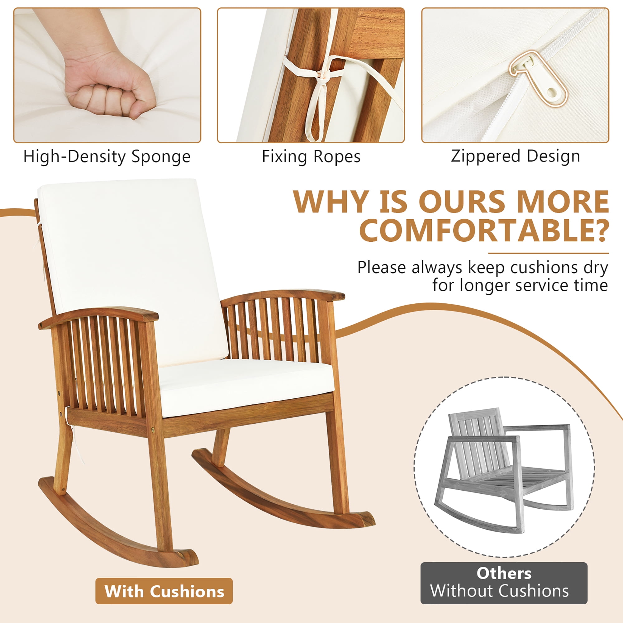 Gymax Patio Wooden Rocking Chair with Armrest Cushion (Brown, 35.5 in x 25 in x 36.5 in) gwno6