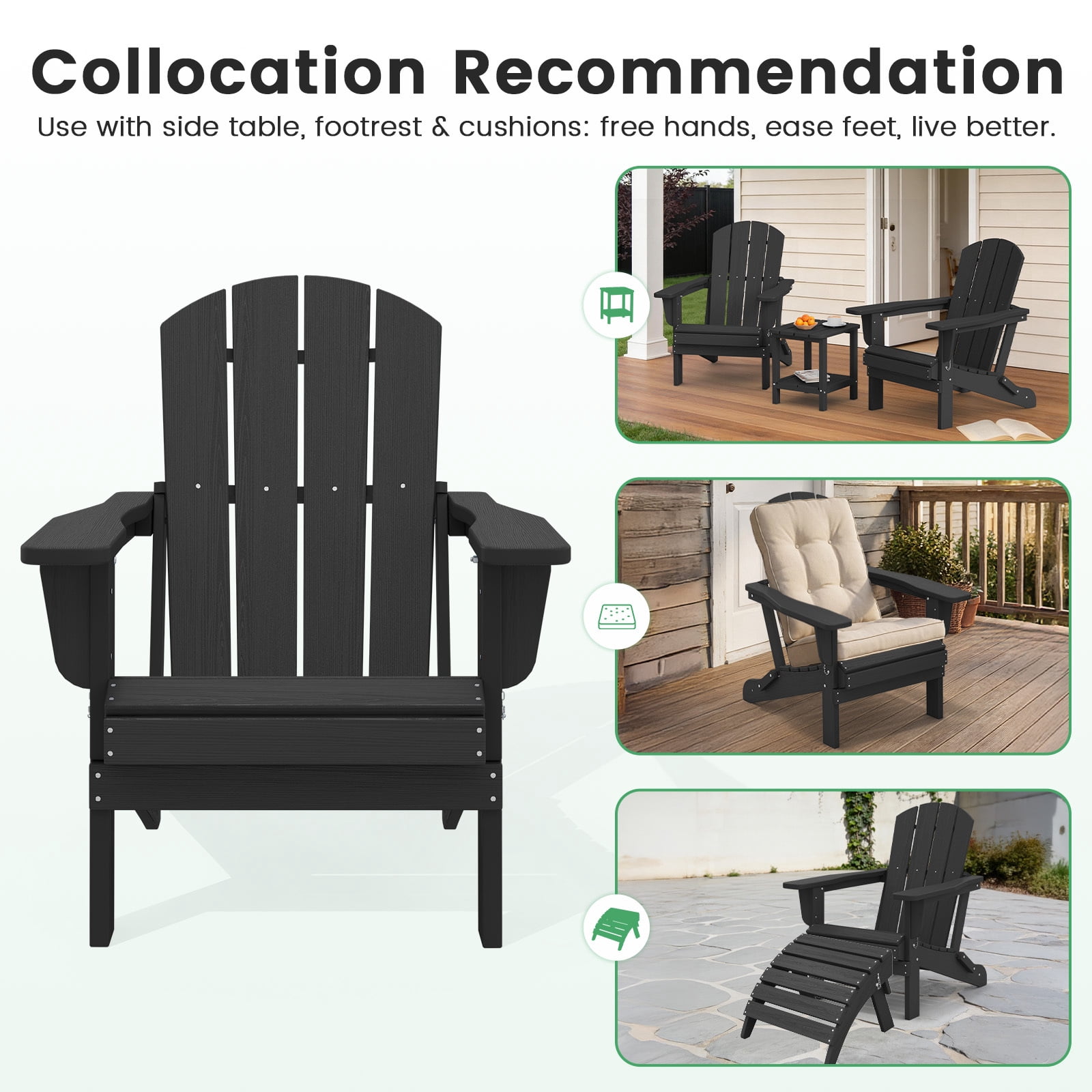 Loyalice Folding Adirondack Chair, Weather-Resistant HDPE Outdoor Patio Chair with Ergonomic Backrest (Black, 360 lb Capacity) wxm2z