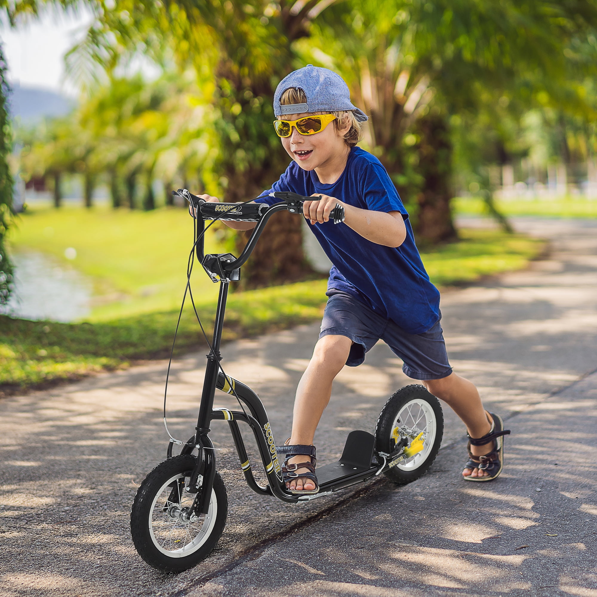 Aosom Youth Kick Scooter with Dual Caliper Brakes and Adjustable Handlebar (Black, 47.25 in L) ce4lw