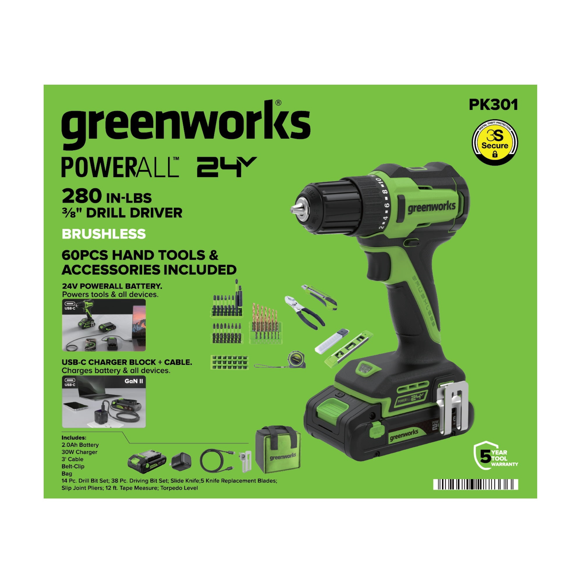 Greenworks 24V Cordless Drill Driver and Hand Tool Project Kit (Green, 1 Kit) jpj0h
