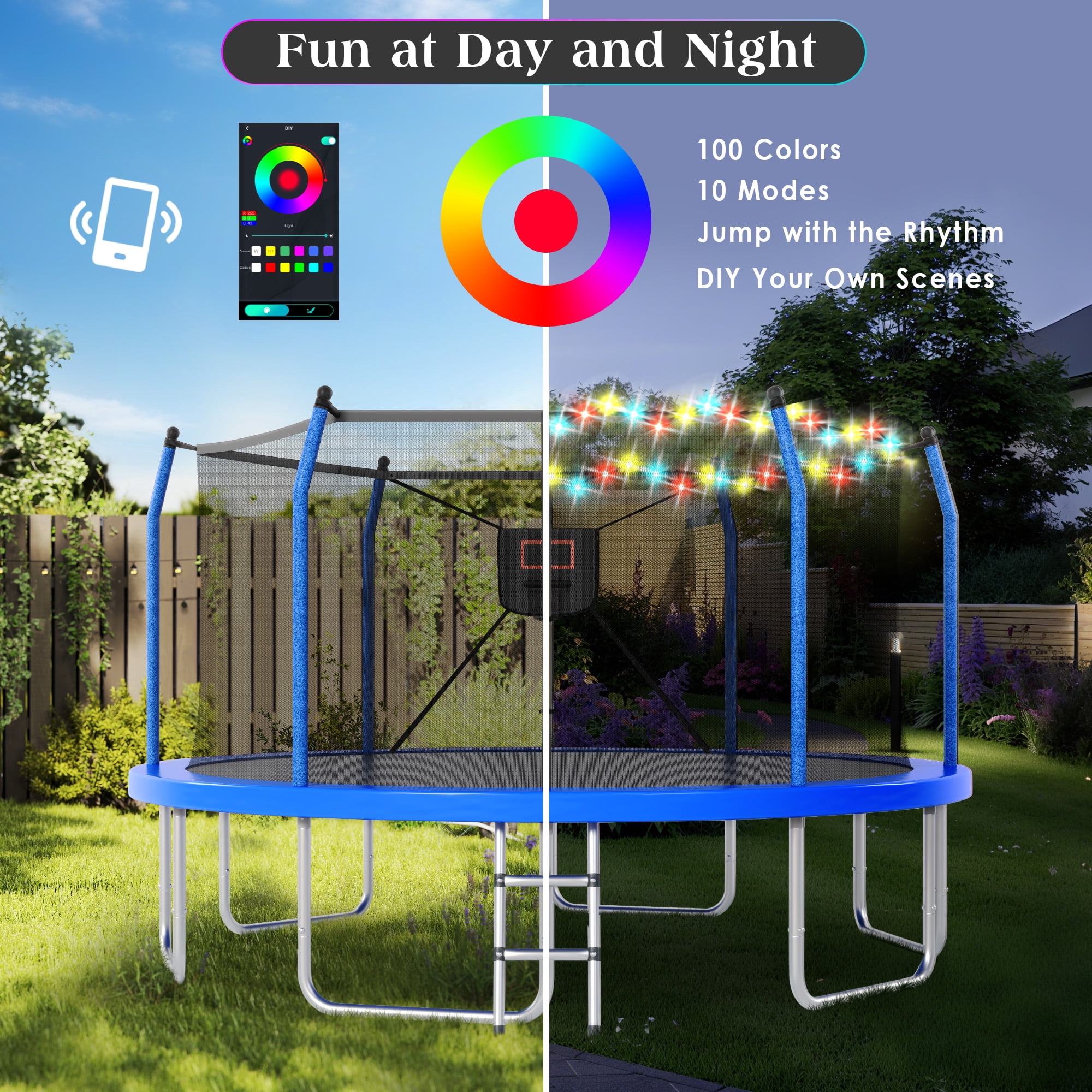 Euroco 14ft Outdoor Round Trampoline with LED Lights, Basketball Hoop, Enclosure Net & Ladder (Blue, 14 ft) 9qv5v