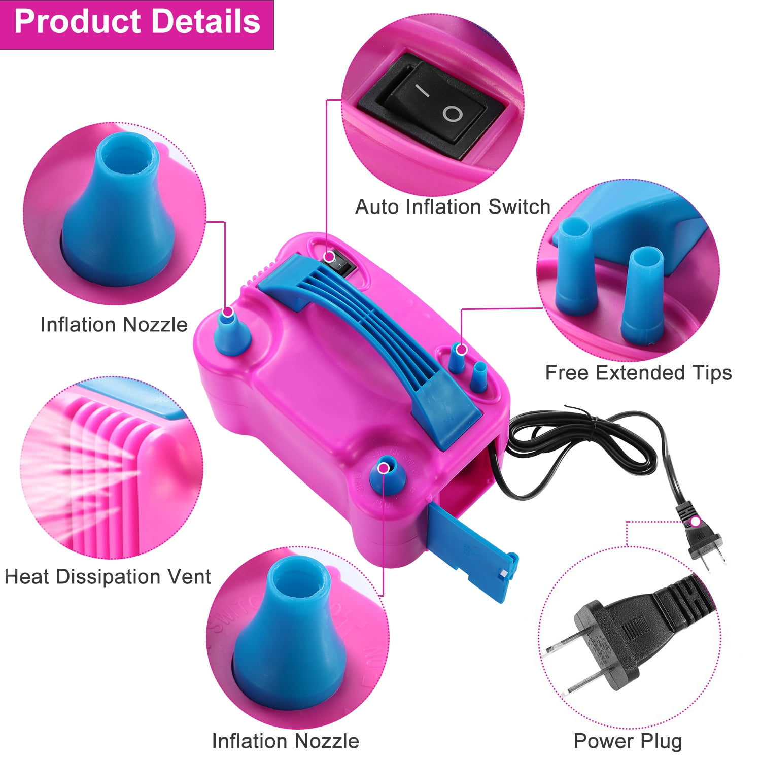 iMounTEK Electric Balloon Pump, Automatic Dual Nozzle Inflator for Party Decorations (Pink, 2.1 lbs) iu7au