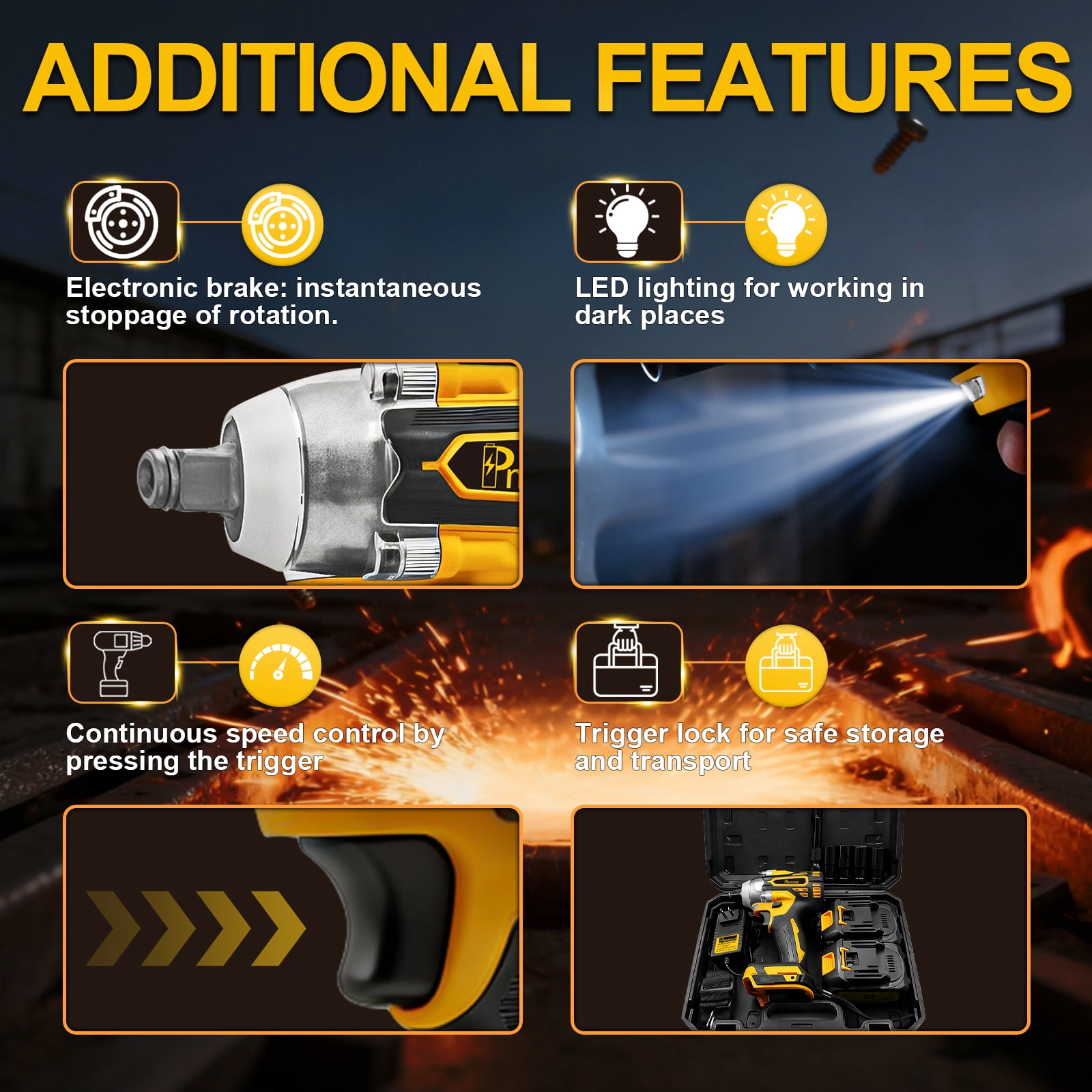 Pnoeoce Brushless Cordless Impact Wrench, 1/2 in High Torque Power Tool, Variable Speed with 2 Batteries (Yellow, 2-Pack) jyi9f