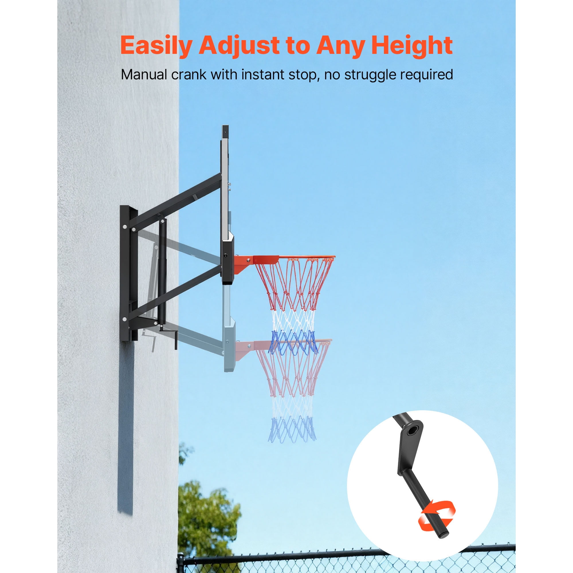 KFFKFF Wall-Mounted Basketball Hoop, 54-inch Polycarbonate Backboard with Hand-Crank Height Adjustment (Black, 54 in) 7t0oe