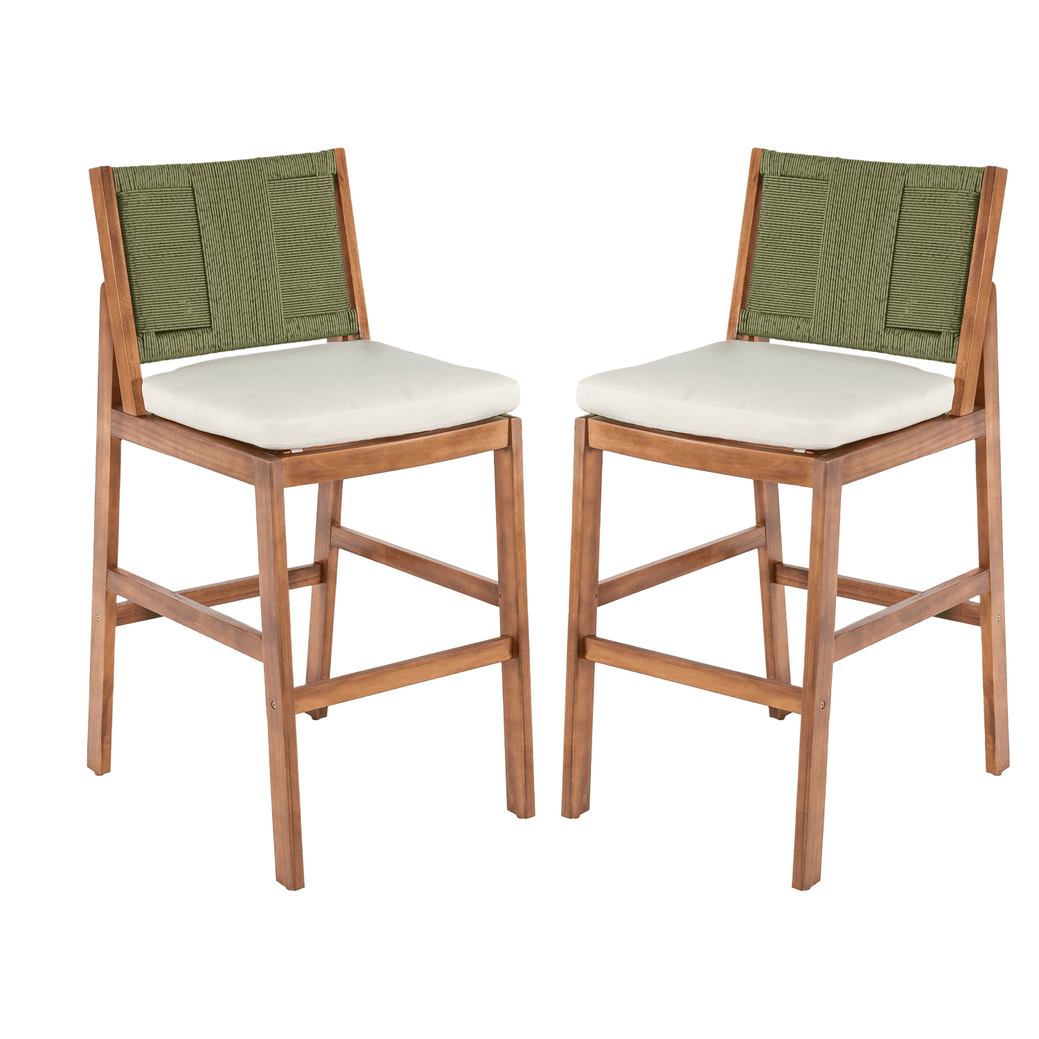 Tcbosik Outdoor Acacia Wood Bar Stools with Wicker Back and Cushions (Cream & Green, 2-Piece Set) sohbd
