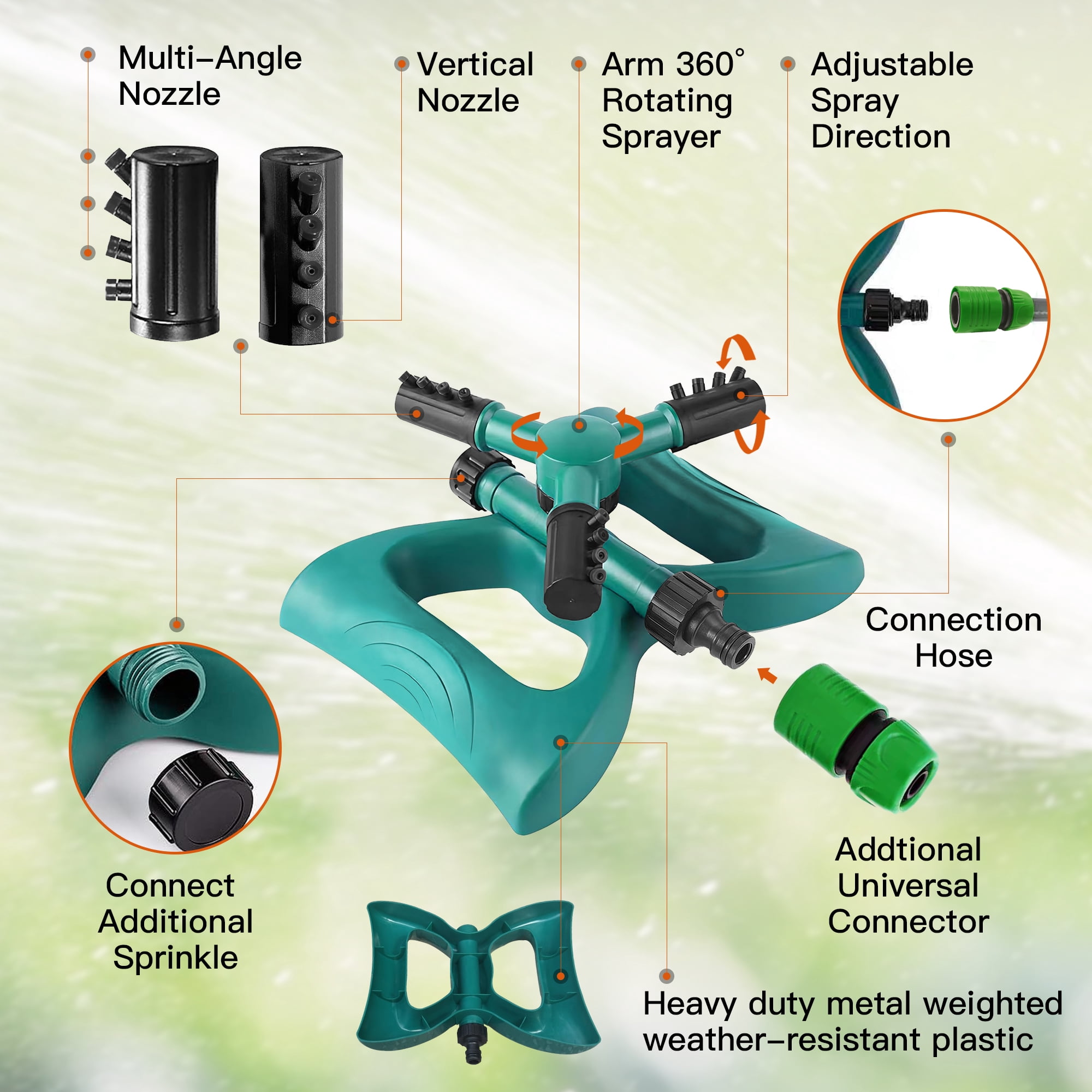 KIMHY Lawn Sprinkler, 360-Degree Rotating Garden Irrigation System with Adjustable Spray Nozzles (1/2 in Connector) k99cy