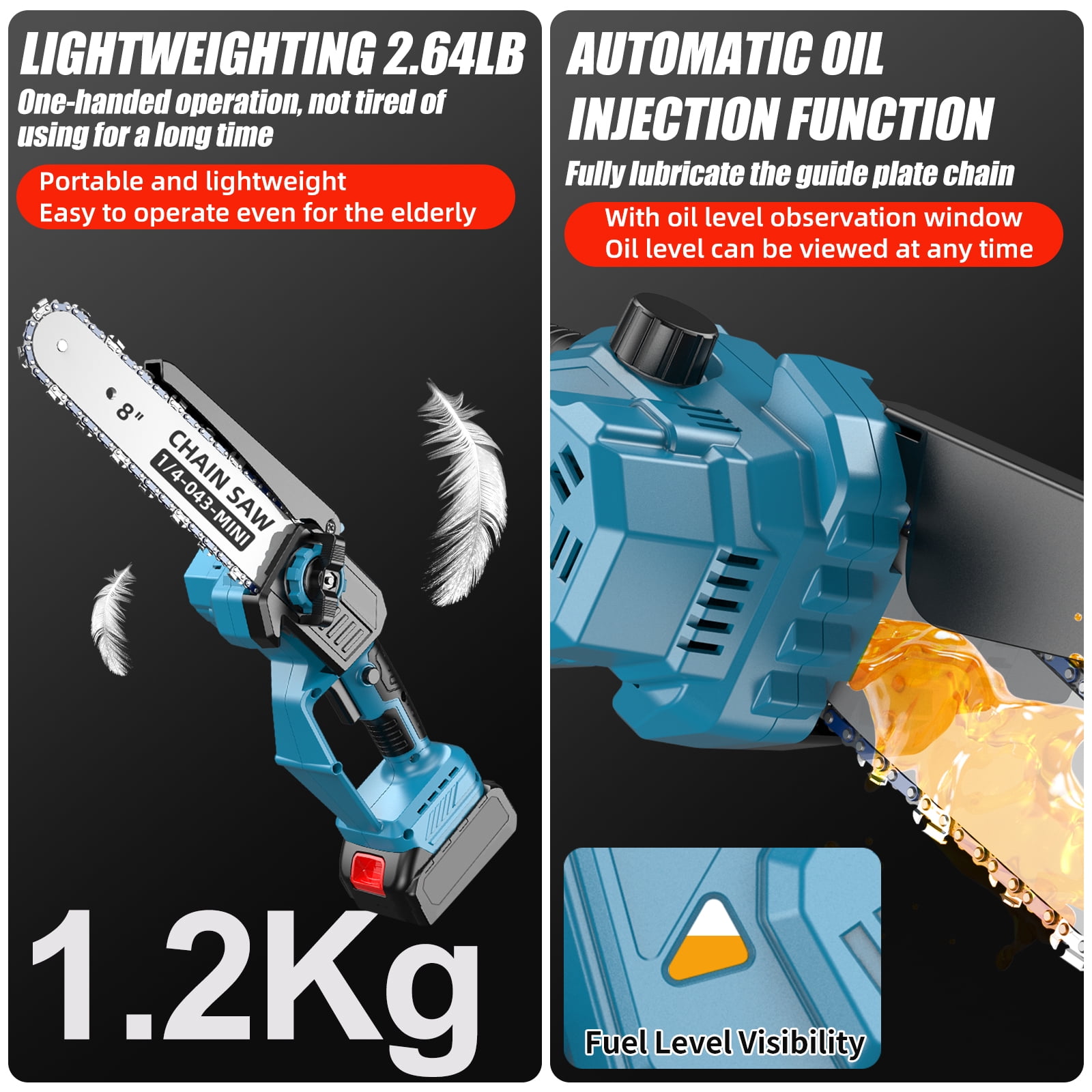 KingFurt 8 in Cordless Mini Chainsaw, Handheld Electric Power Tool with Automatic Lubrication (Blue, 2 Batteries, 2 Blades, 2 Chains) pzo83