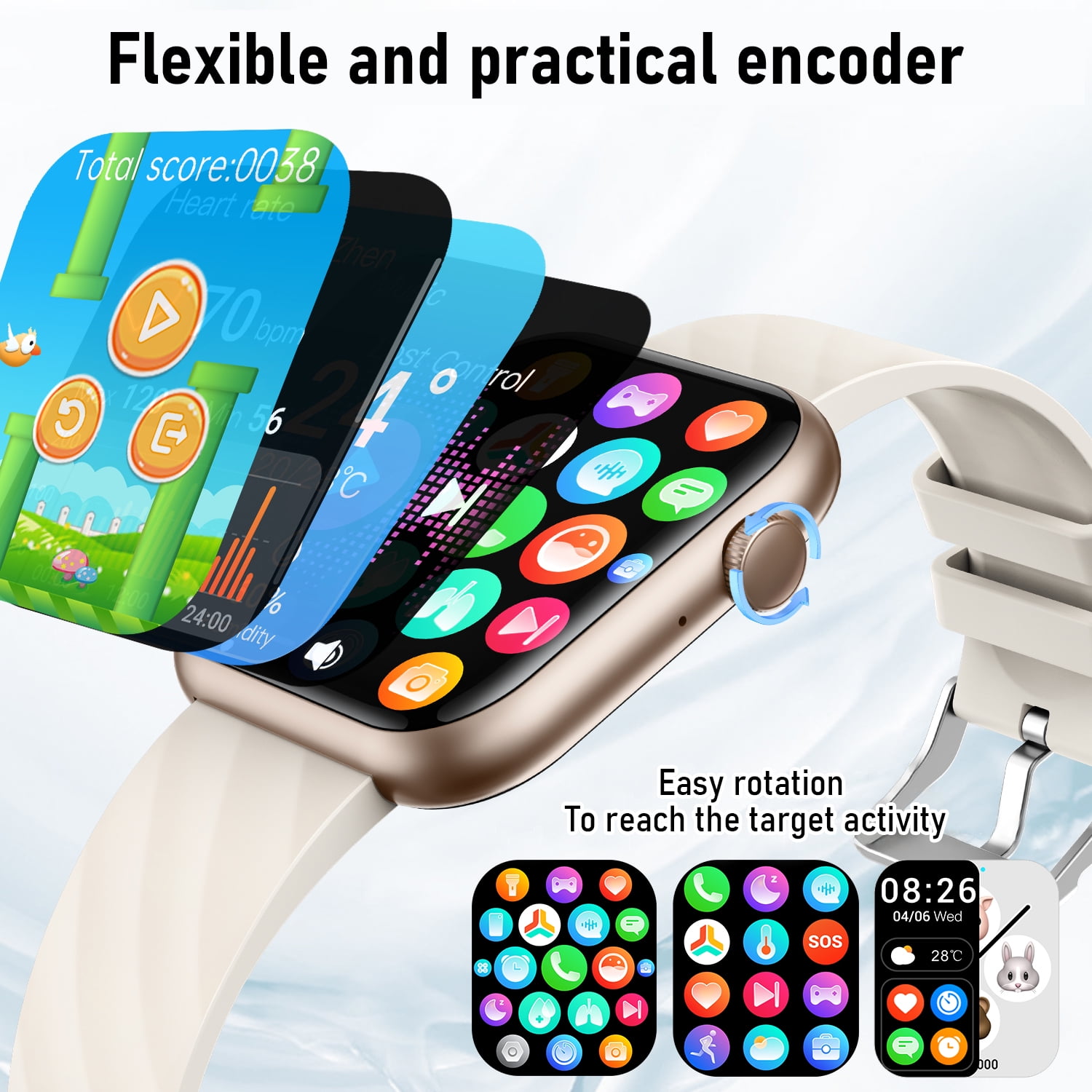 Visentor Smart Watch Fitness Tracker with Bluetooth Calling and 4 Interchangeable Bands (Gold, 1.96 in) r3ihs