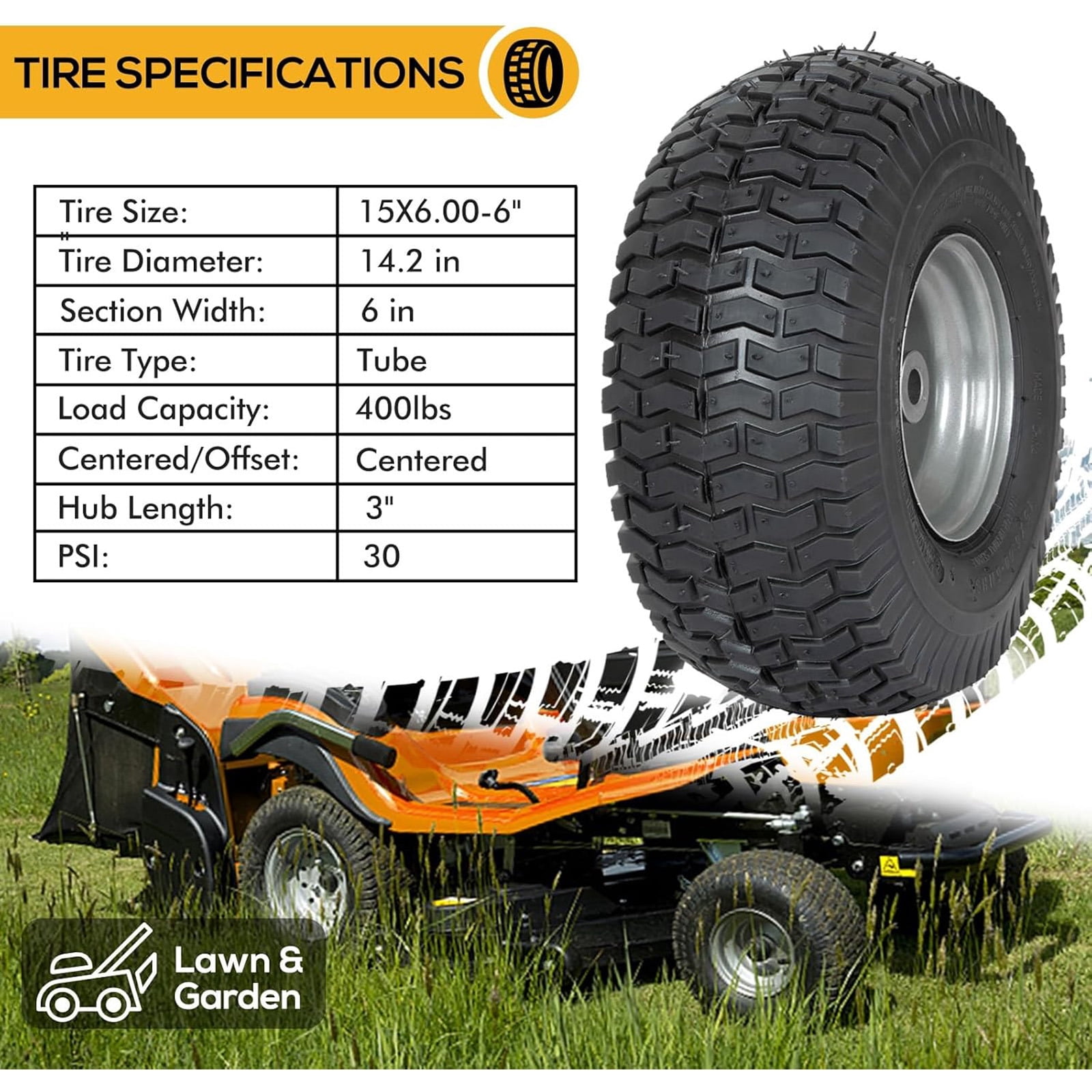 WEIZE 15x6.00-6 Lawn Mower Front Tire and Wheel Assembly (Black, 2-Pack) q1l2c