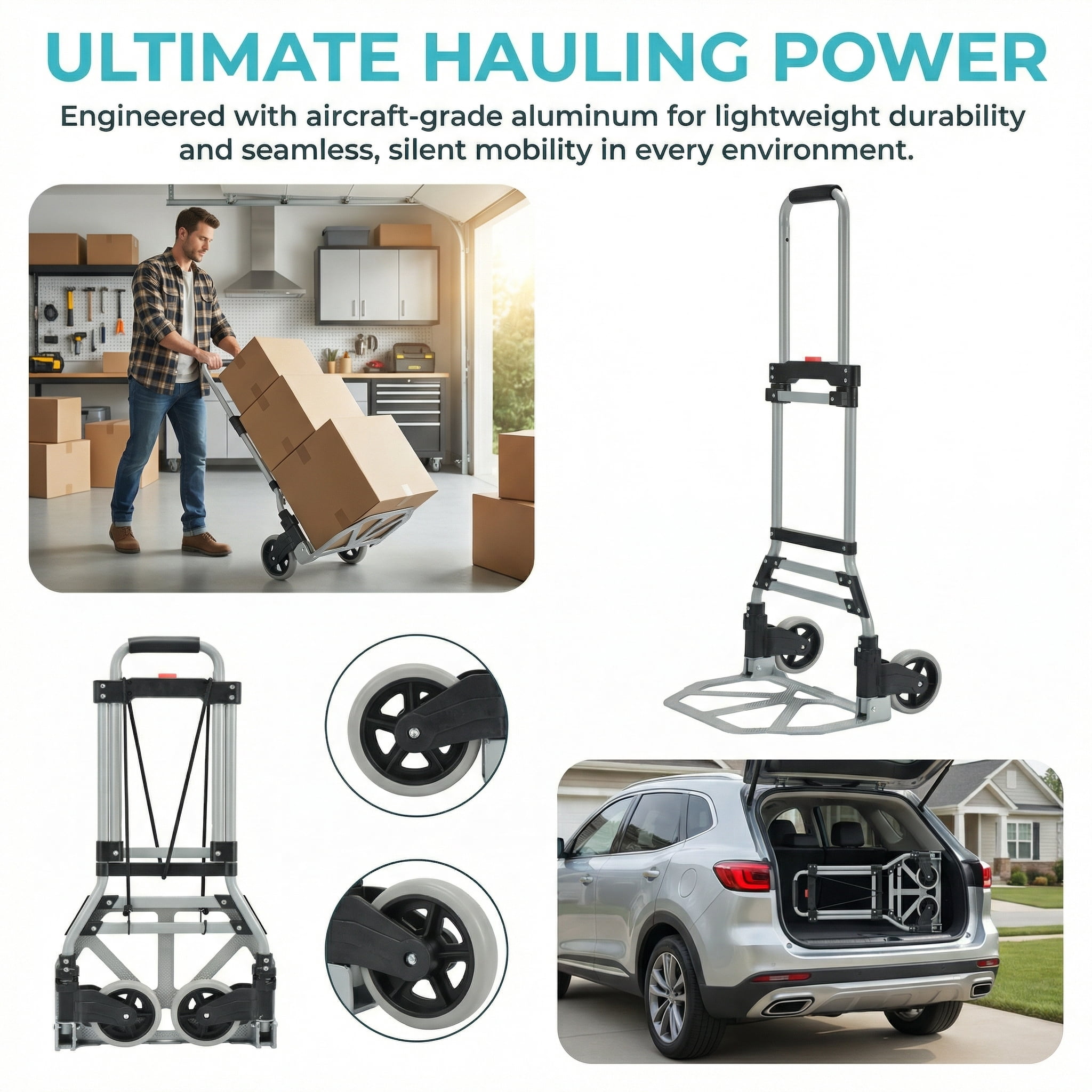 Takira Foldable Hand Cart, Heavy-Duty Aluminum Luggage Dolly with Telescopic Handle (Black, 400 lb Capacity) 6jdeb