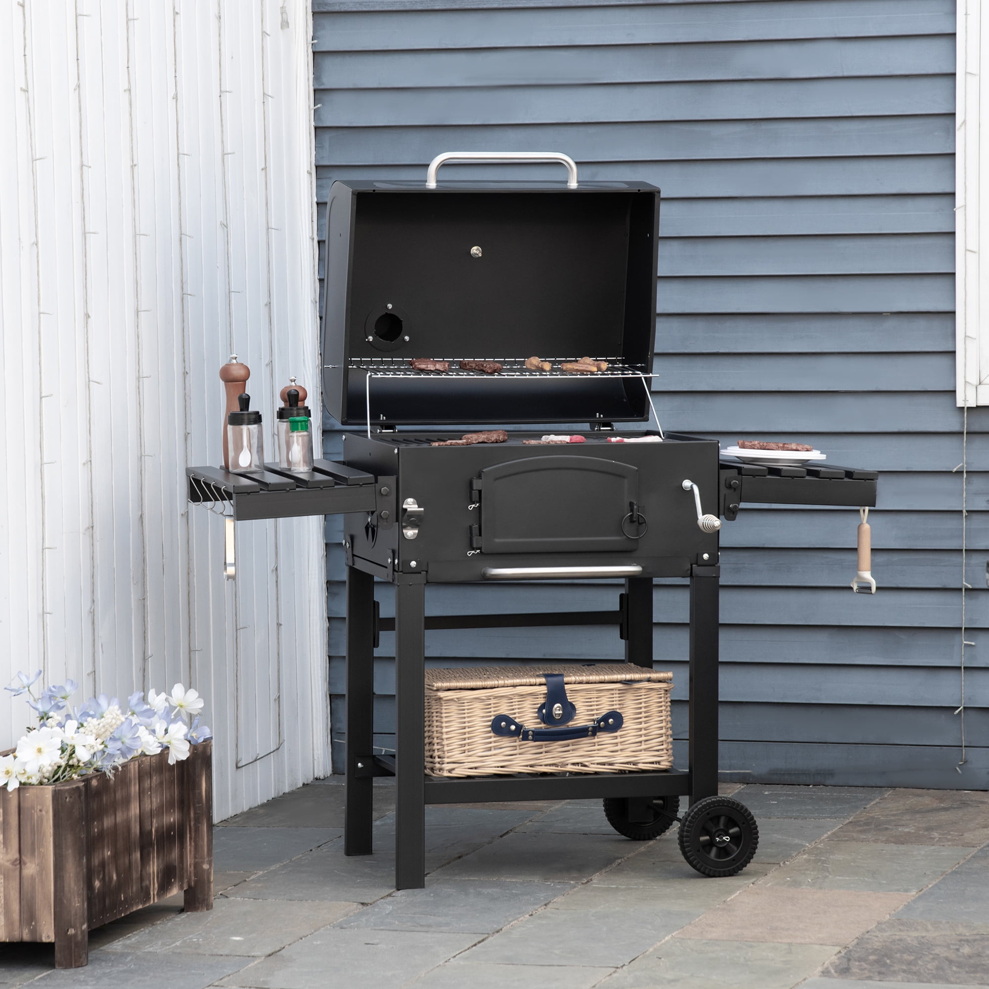 Outsunny Charcoal Grill with Side Table and Adjustable Height (Black, 48.75 in x 26 in x 44 in) clkkz