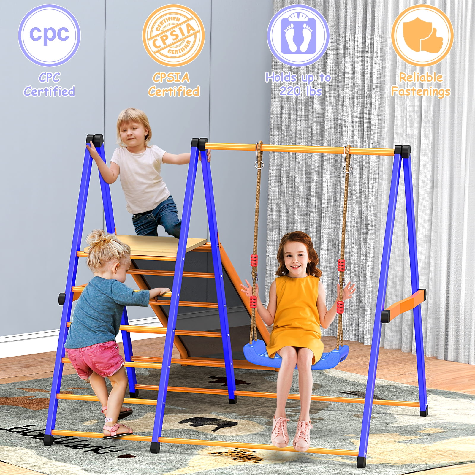 XIEWEI 4-in-1 Indoor Jungle Gym Playset with Swing and Slide, Durable Metal Climber for Kids (Blue, 400 lb Capacity) 39wmj