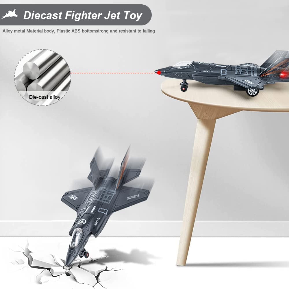 Ludolm F35 Fighter Jet Toy Diecast Metal Airplane Model with Lights and Sound (Blue, 8.5 in) pxq8p