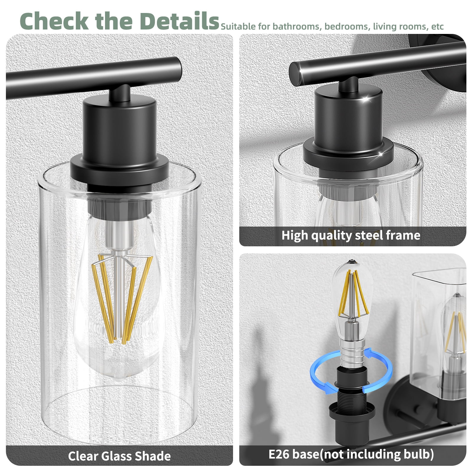 Cshidworld 3-Light Dimmable Vanity Light Fixture with Clear Glass Shades (Black, 22 in) w9c6d