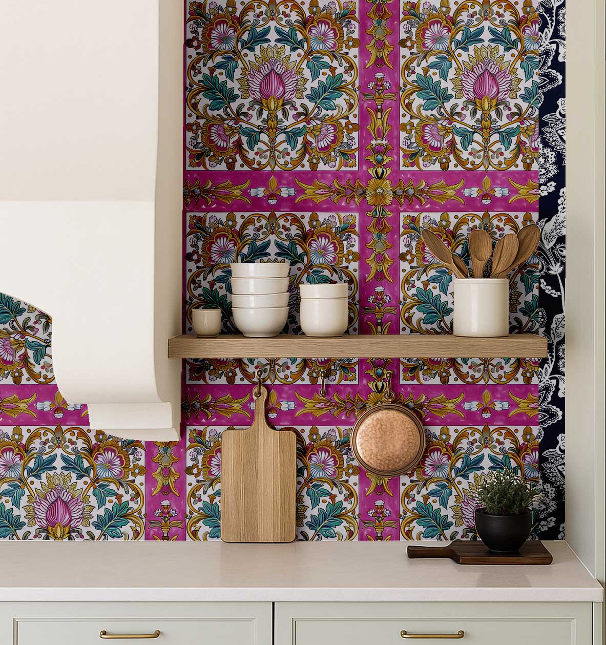 S4Sassy Peel and Stick Wallpaper, Arabesque Tile Pattern Removable Vinyl Wall Covering for Kitchen and Entryway (Pink, 25 in x 120 in) invk4