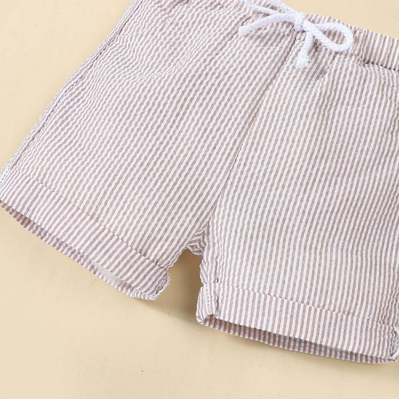 Wxolcjlv Boys Summer Linen Polo Shirt and Striped Shorts 2-Piece Set (Beige, 12M-7Y) tps3q