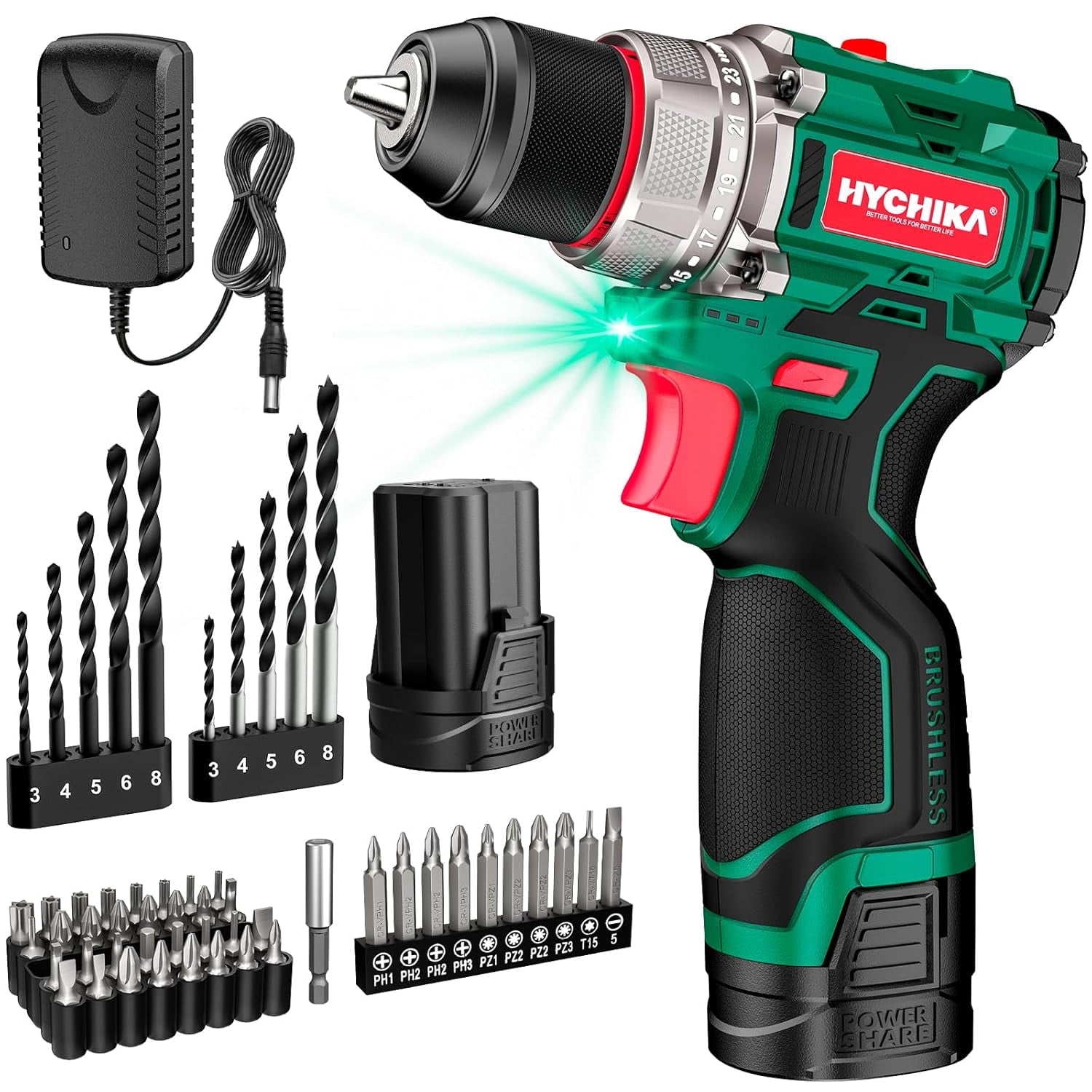 HYCHIKA Brushless Cordless Drill Driver Set with 53-Piece Accessory Kit, 16.8V Power Drill with 410 in-lb Torque, 3/8 in Keyless Chuck, LED Light (Green, 1 Battery) 2izte