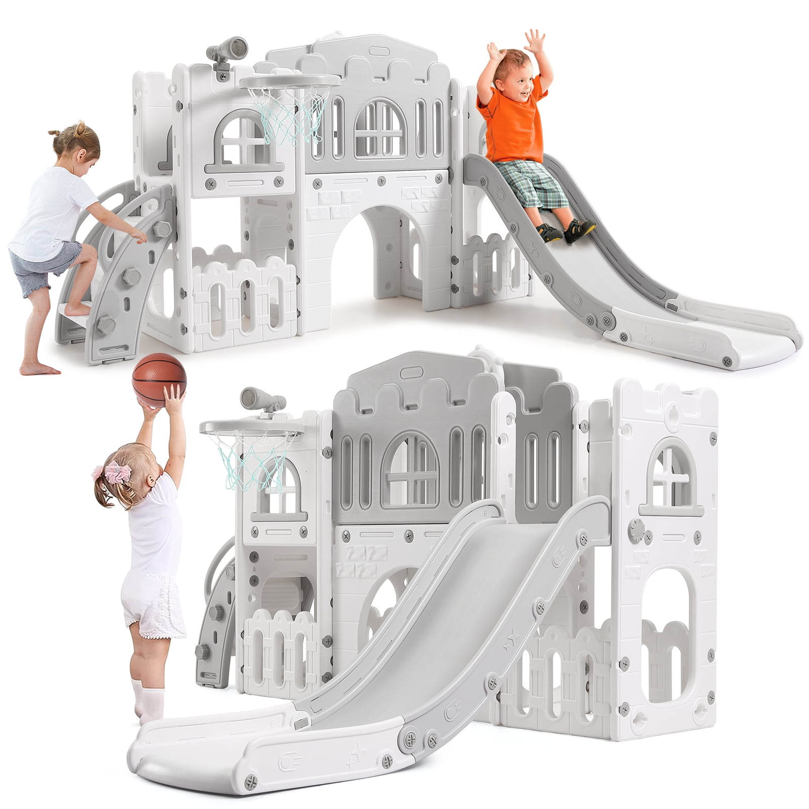 Boupower 8-in-1 Toddler Indoor Outdoor Playset with Slide, Basketball Hoop, and Climbing Tunnel (Grey, 1 Pack) 2kphb