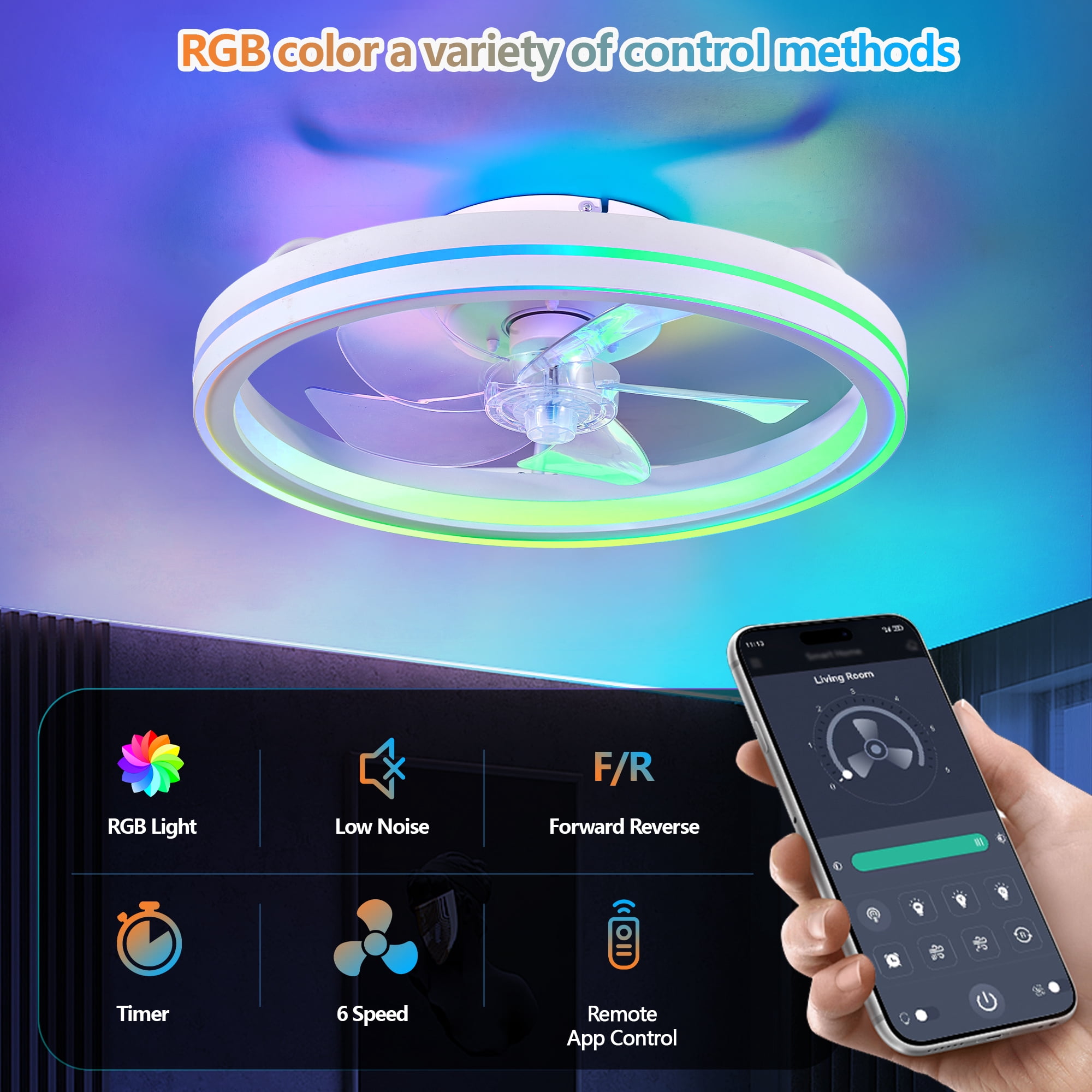 MQJIAZHI 19-inch RGB Bladeless Ceiling Fan with Light, Modern Flush Mount Fandelier with Remote and App Control (19 in) bj7uo