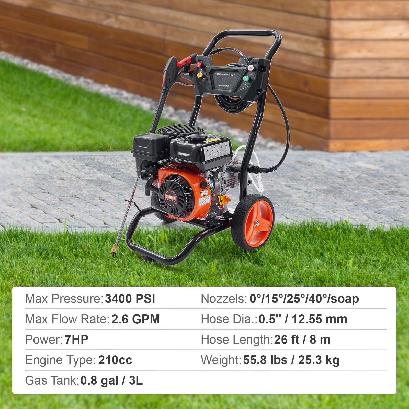 SHENGJINSH 3400 PSI Gas Pressure Washer, 2.6 GPM Power Cleaner with 26 ft Hose and 5 Quick-Connect Nozzles tolrv