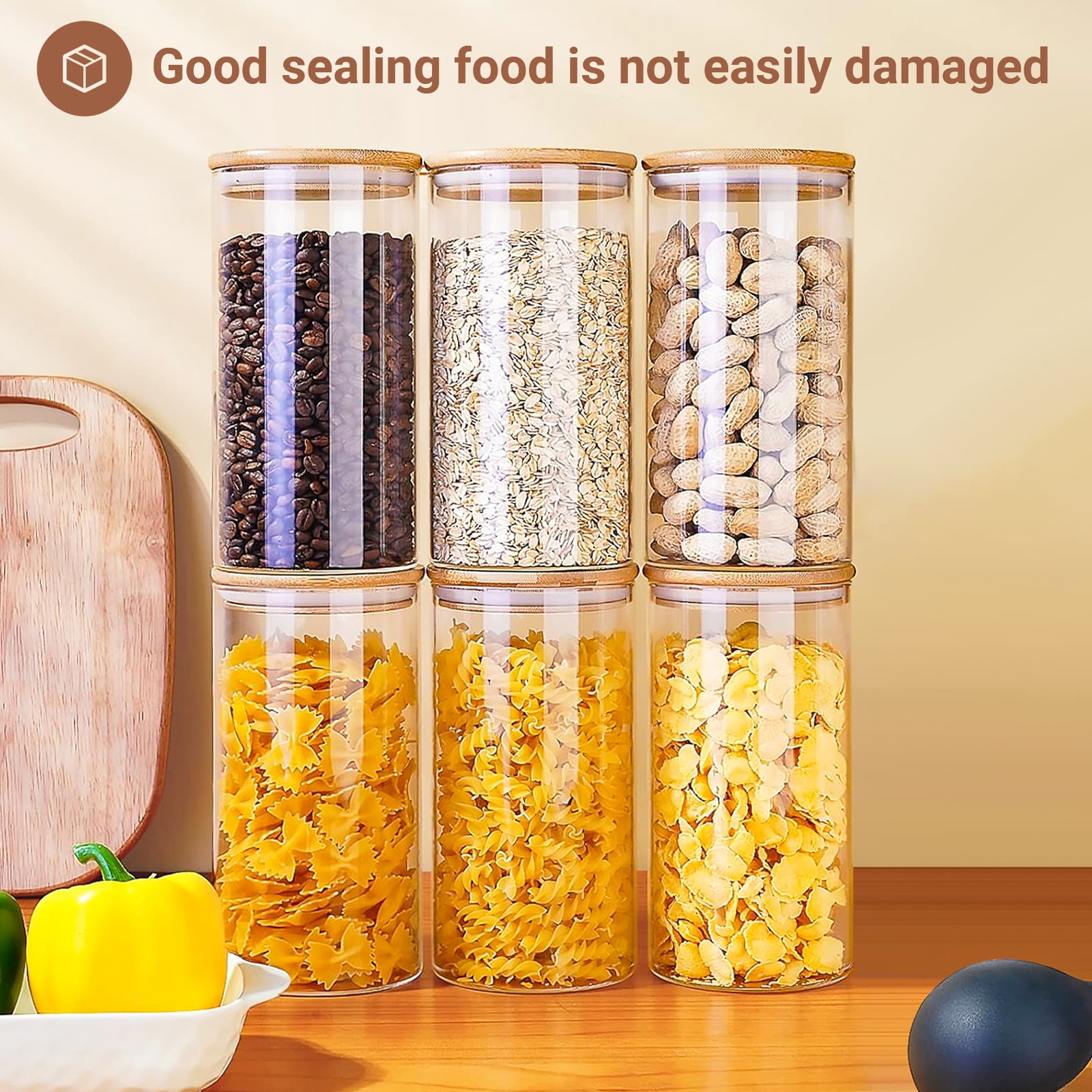 Foukus Glass Food Storage Containers with Bamboo Lids, Airtight Pantry Organizer for Dry Goods (Clear, 6 Pack, 25 oz) 4jhnn