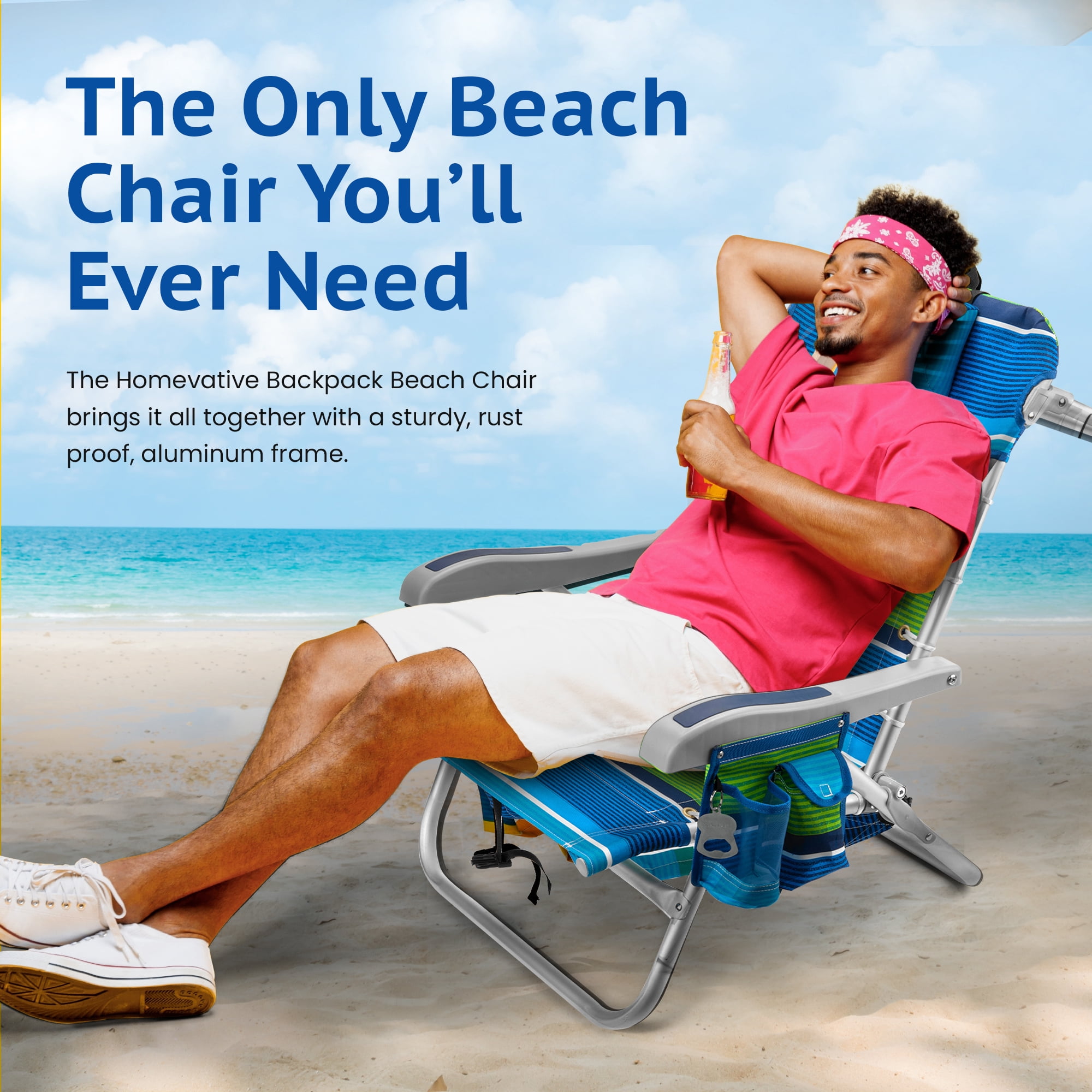 Homevative Cooler+ Folding Backpack Beach Chair, 5-Position Reclining Outdoor Seat with Storage (Blue) mds1g