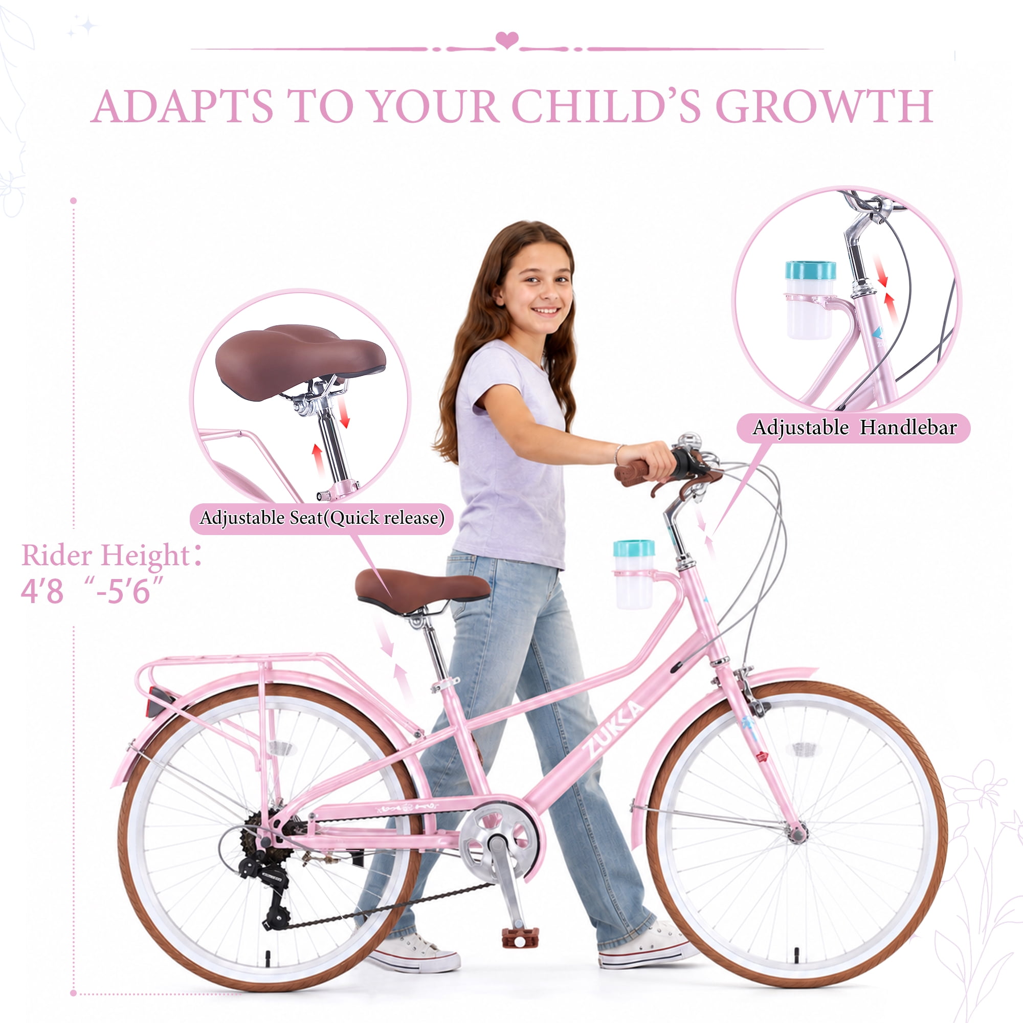 MEGHNA 24-inch Cruiser Bike 6-Speed Steel Frame Commuter Bicycle with Rear Rack and Cup Holder (Pink, 24 in) xhoso