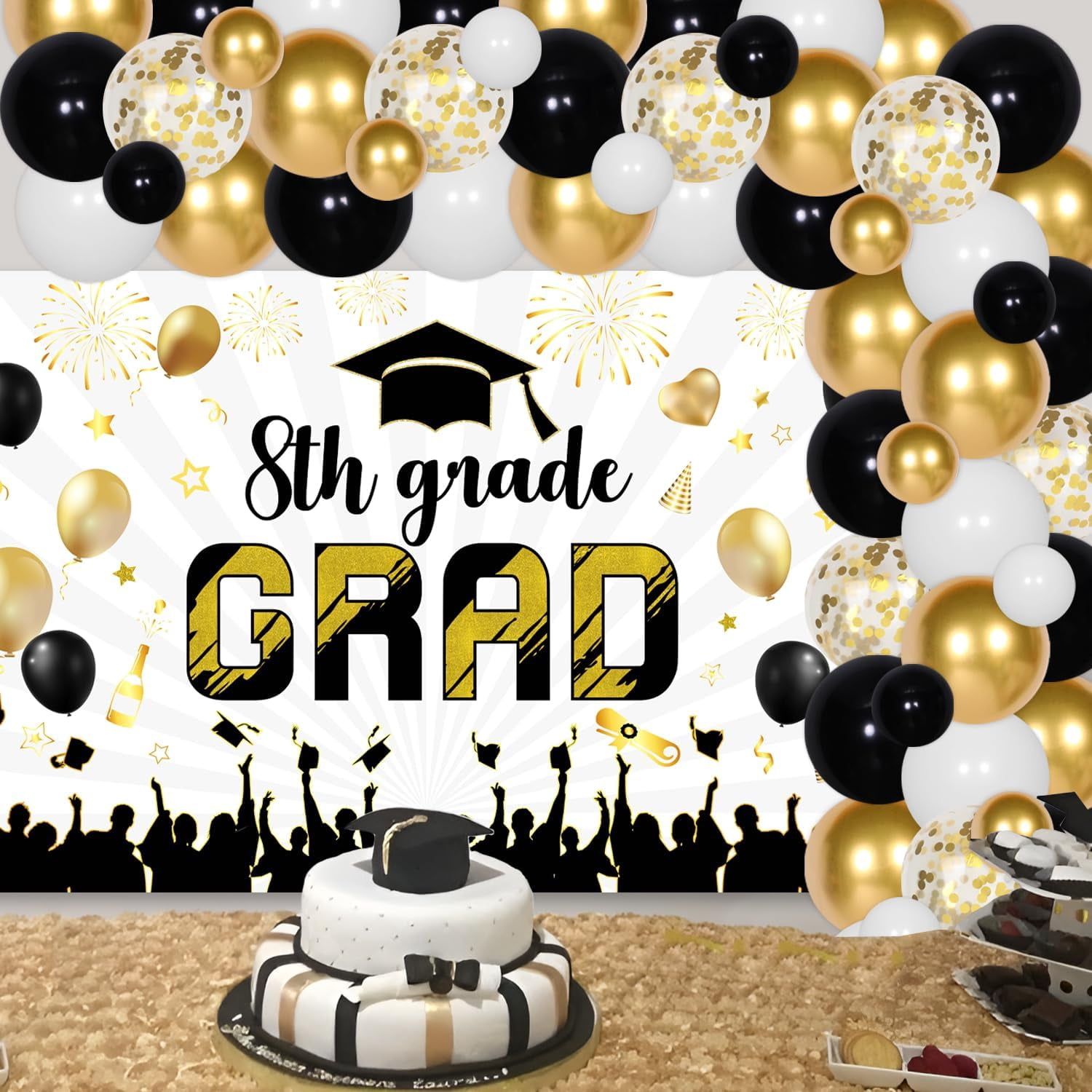 Kreat4joy 8th Grade Graduation Party Decorations 2026 Black and Gold Backdrop Balloon Garland Arch Kit (79 Pieces) oppvl
