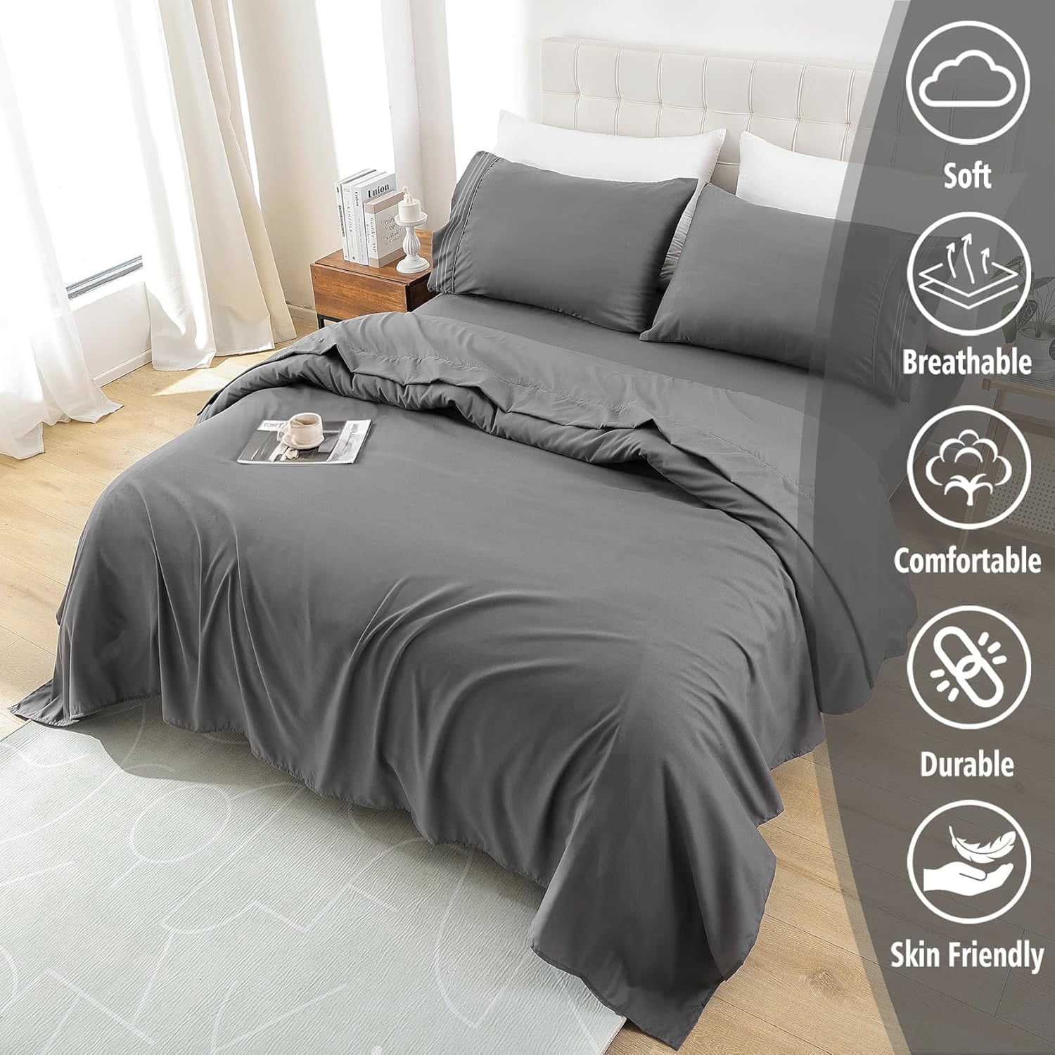 Cshidworld Queen Bed Sheet Set, 1800 Series Microfiber Cooling Bedding, Breathable & Hypoallergenic 4-Piece Luxury Soft Set (Grey, Queen) 3lg6a