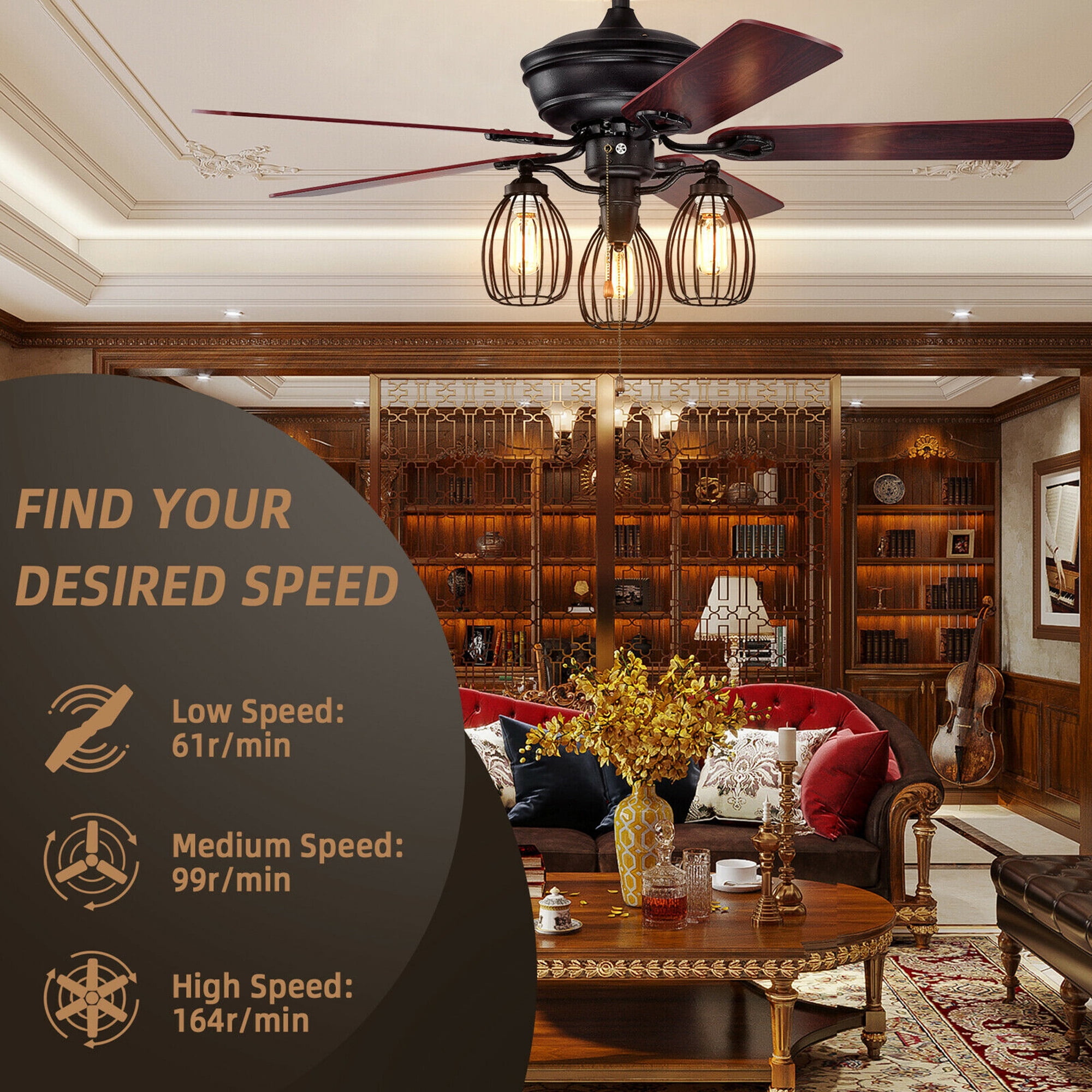 Gymax 52 in Ceiling Fan with Lights, 5 Reversible Blades, 3-Speed Retro Indoor Fan (52 in) 77604