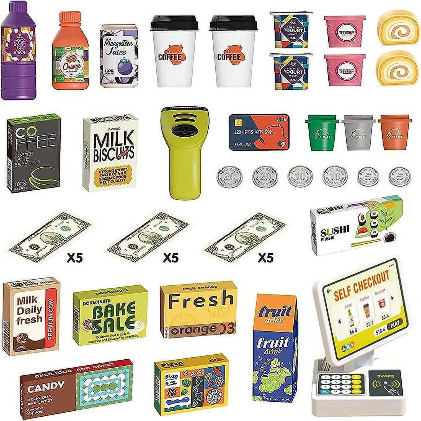 Adofi Cash Register Playset for Kids, Pretend Play Grocery Store Toy with Scanner and Play Food (Green, 46-Piece Set) jy5at