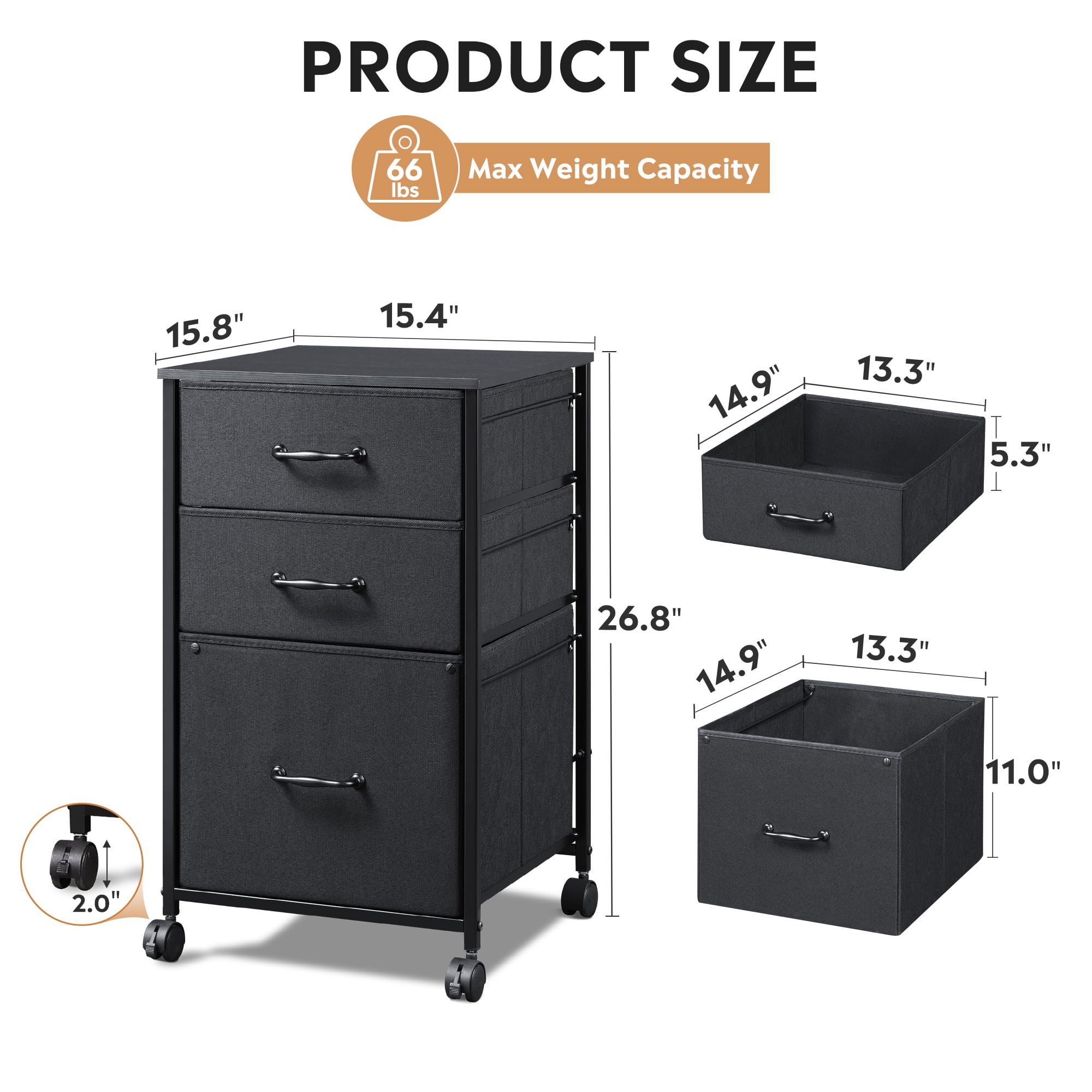 GALAXHERO 3-Drawer Rolling File Cabinet for Home Office, Vertical Printer Stand with Fabric Storage (Black) nbdx2