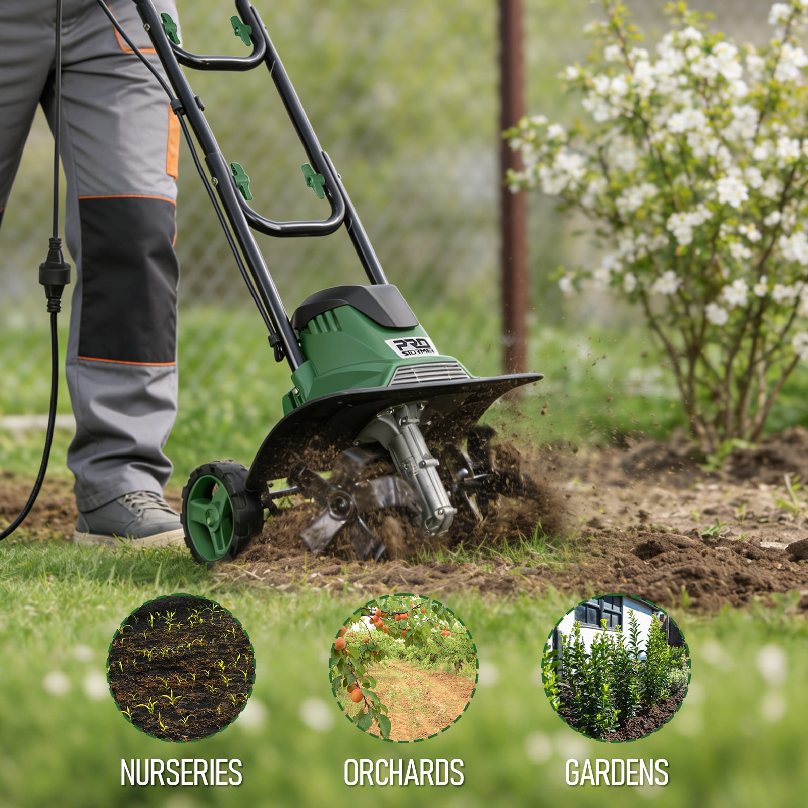 Prostormer Electric Garden Tiller, 10 Amp Rotary Cultivator with Foldable Handle and Adjustable Wheels (14 in) 4r0e6