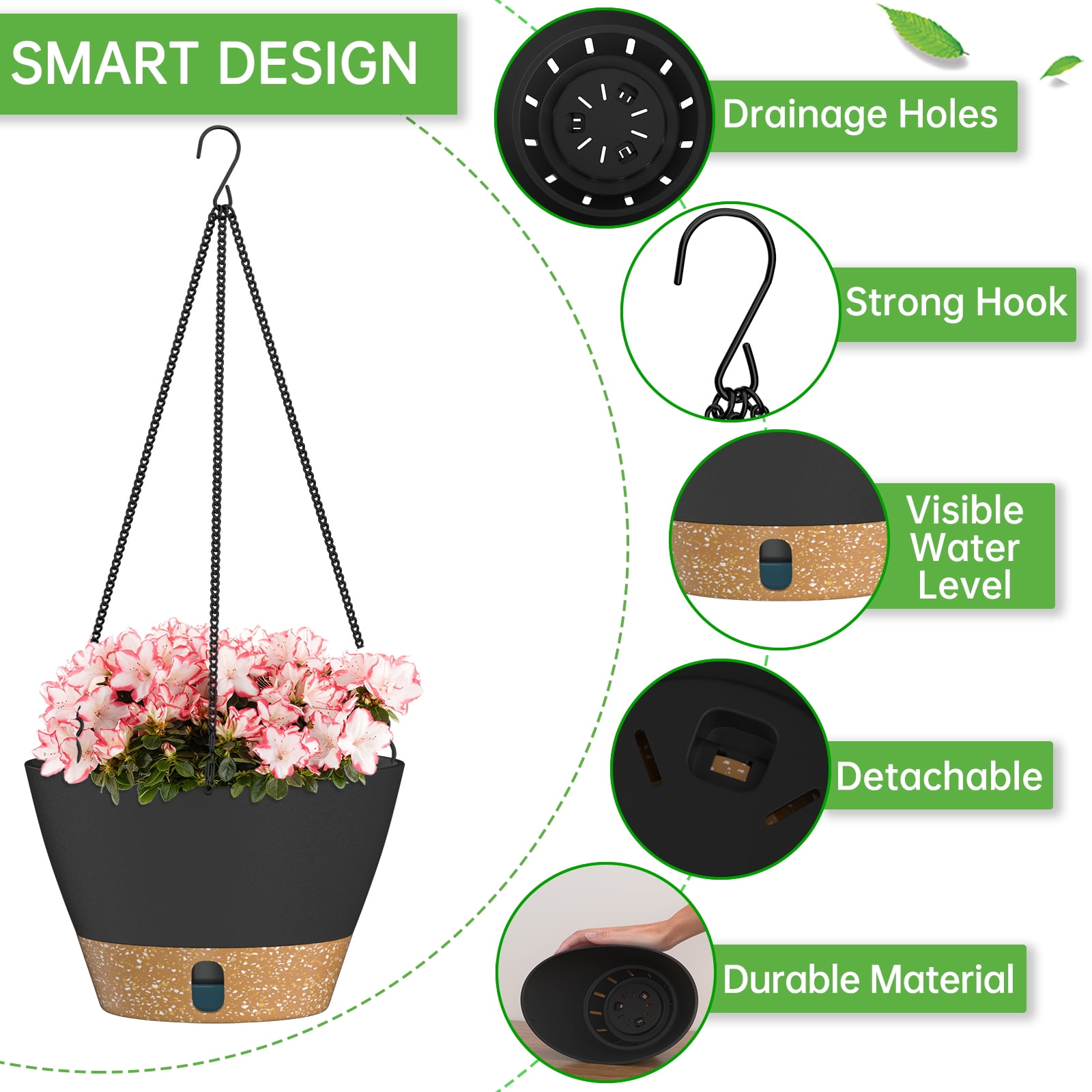 Fiason Self-Watering Hanging Planters with Drainage and Chain Hanger (Black, 8 in, 2 Pack) sup0q
