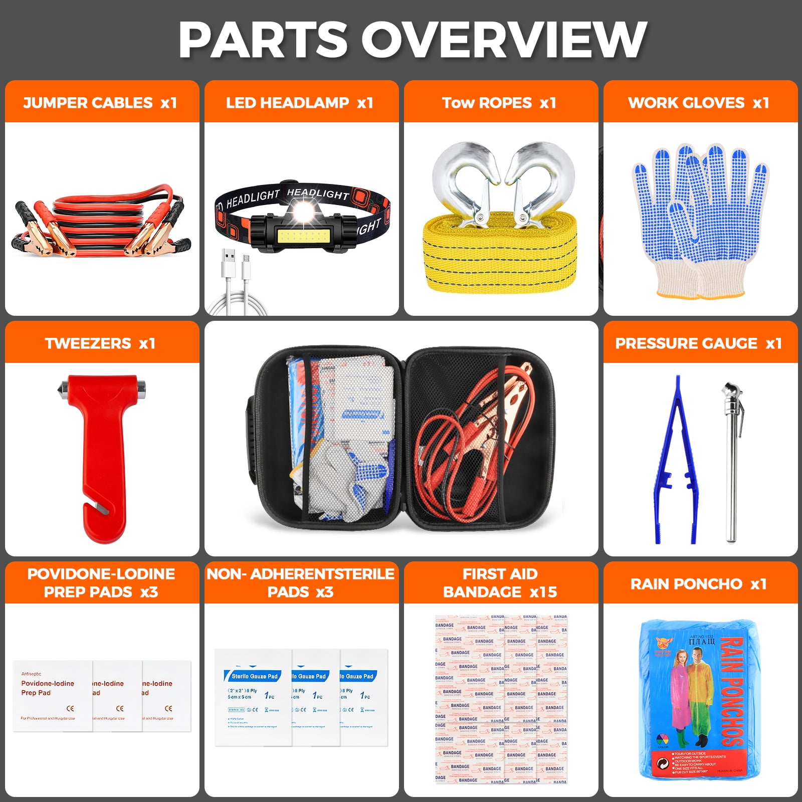 Lafati Roadside Assistance Emergency Kit with Jumper Cables and Safety Tools (Black, 17-Piece Set) bgep7