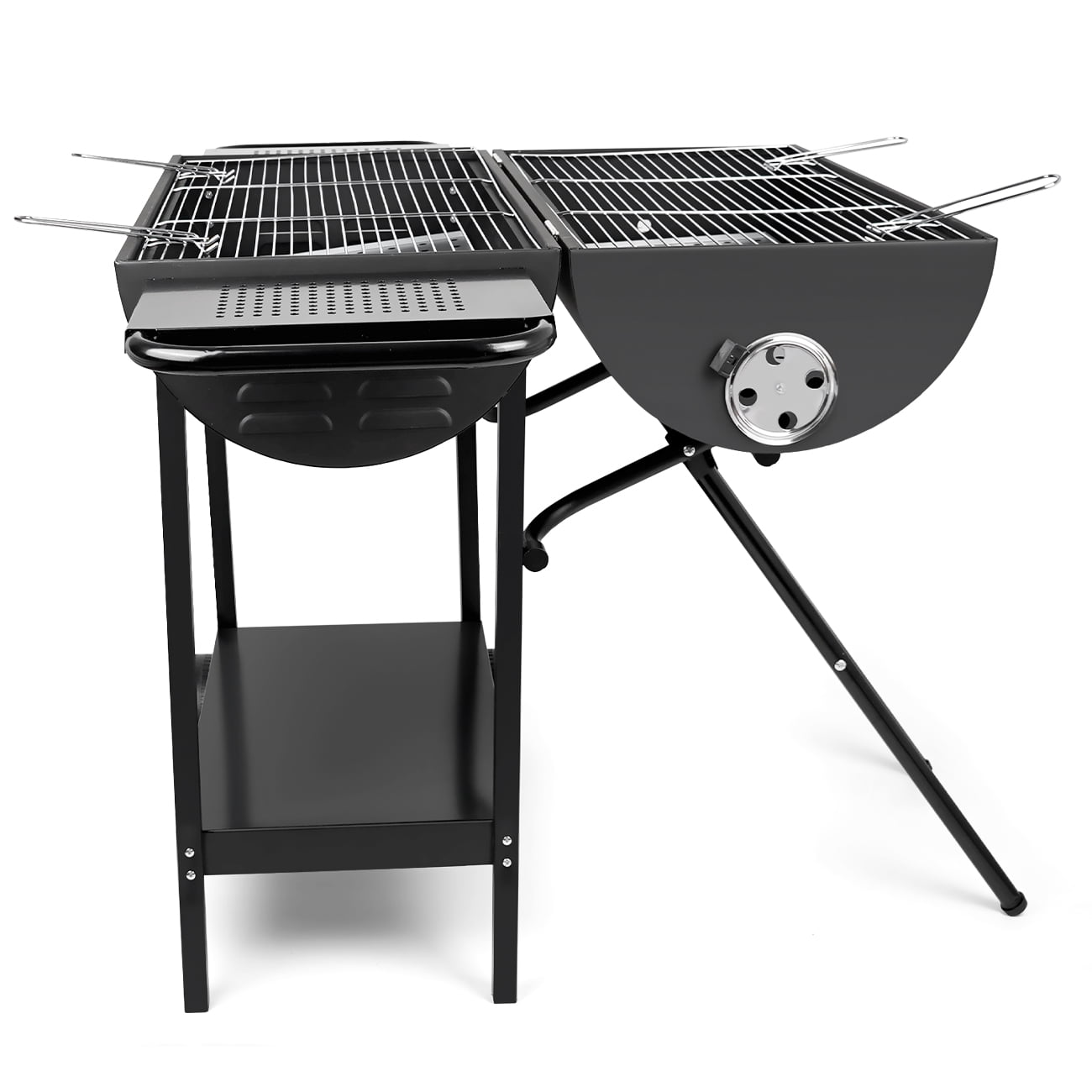 Linsen-Outdoors Double Charcoal Barrel Grill with Dual Side Shelves (Black, Large) 5yds8