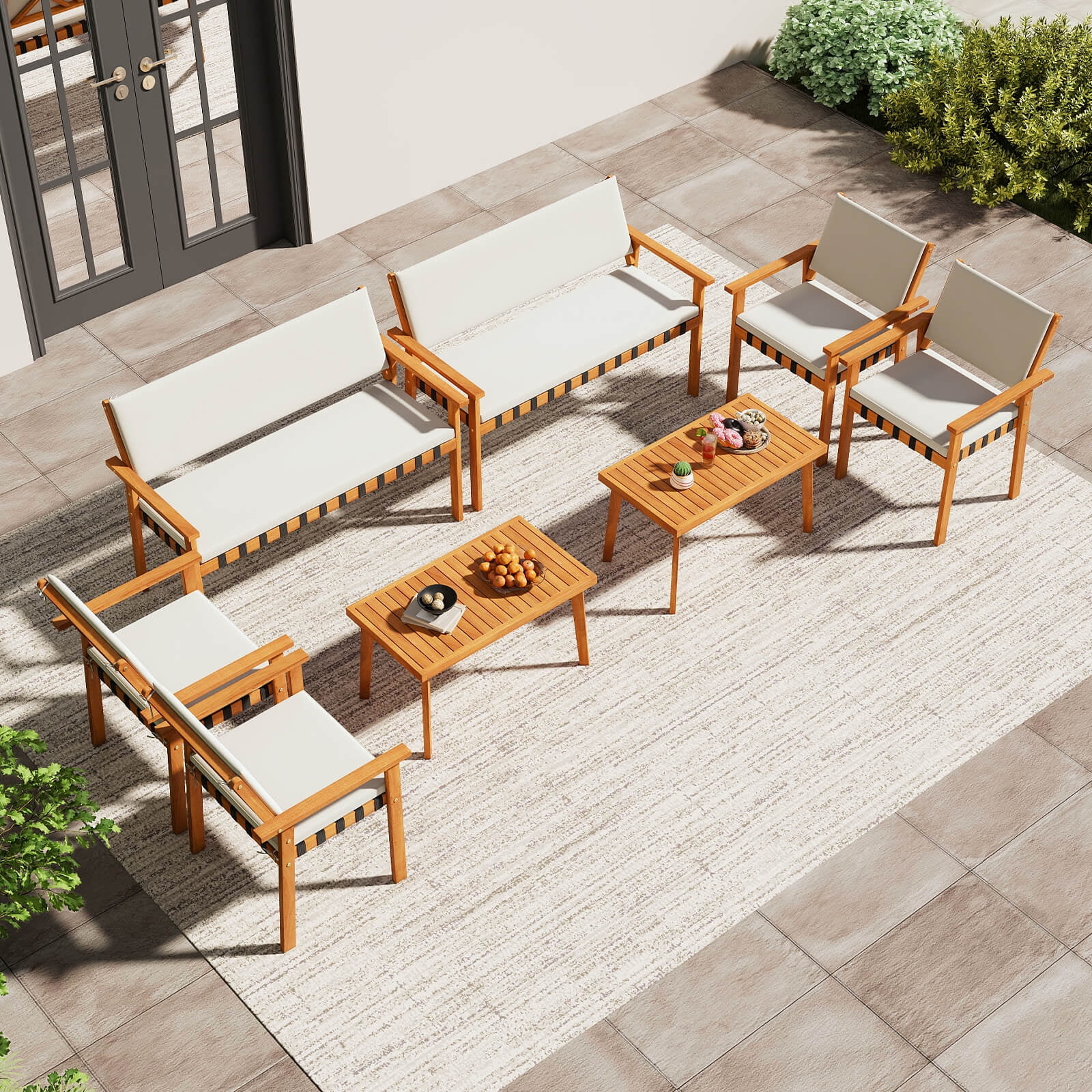 Costway 8-Piece Acacia Wood Patio Furniture Set with Coffee Table and Cushions (White, 8-Piece Set) toyzr