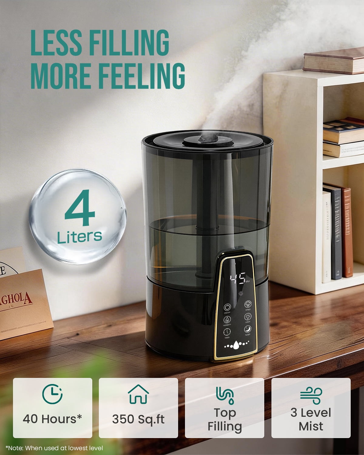 Lacidoll Ultrasonic Cool Mist Humidifier for Bedroom, Aroma Diffuser with Night Light, Top Fill & Dishwasher-Safe Tank (Black, 1.06 gal) 4cbyy
