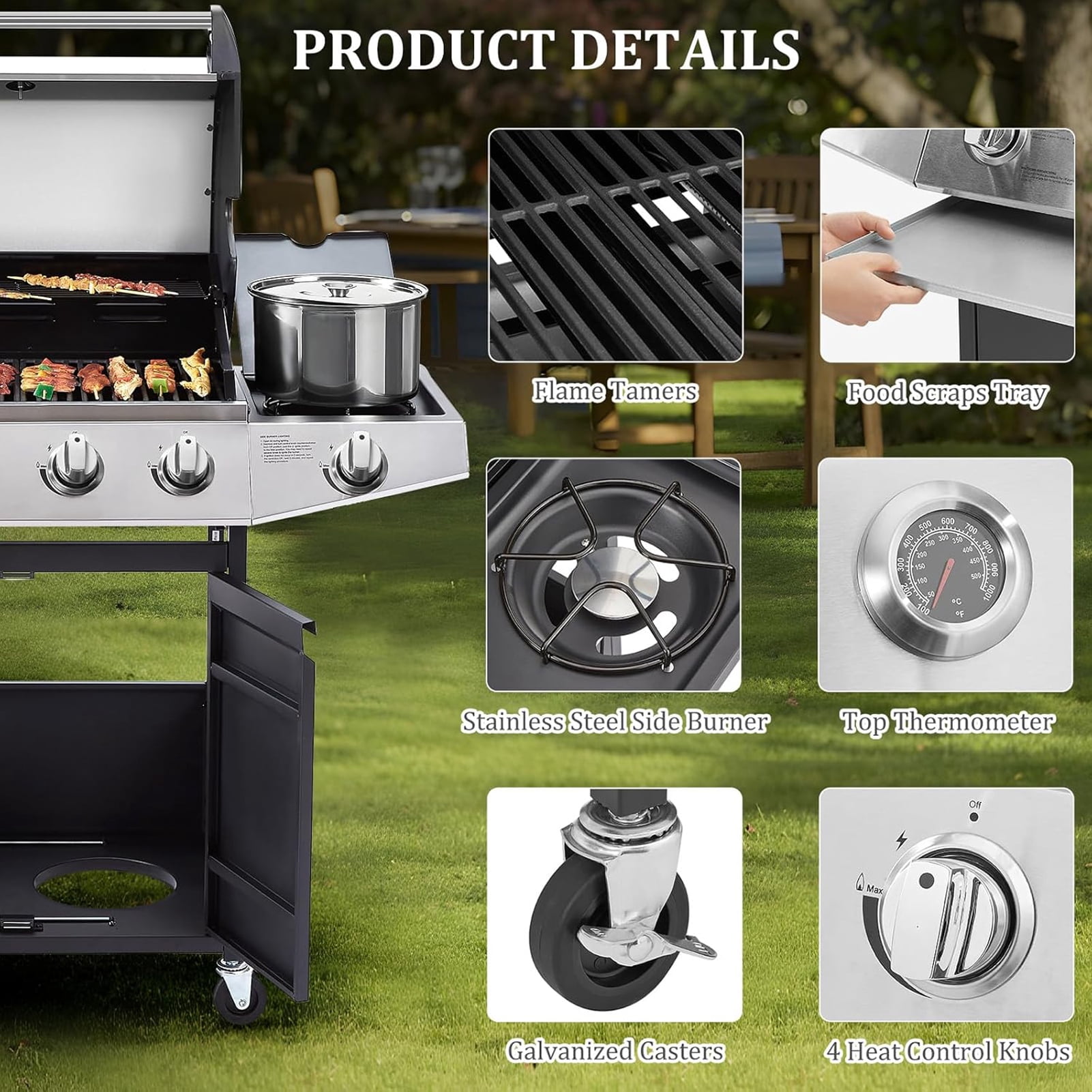 XXLYY 4-Burner Propane Gas Grill with Side Burner and Rain Cover, Stainless Steel Outdoor BBQ Grill (Black, 465 sq in) wrgyr