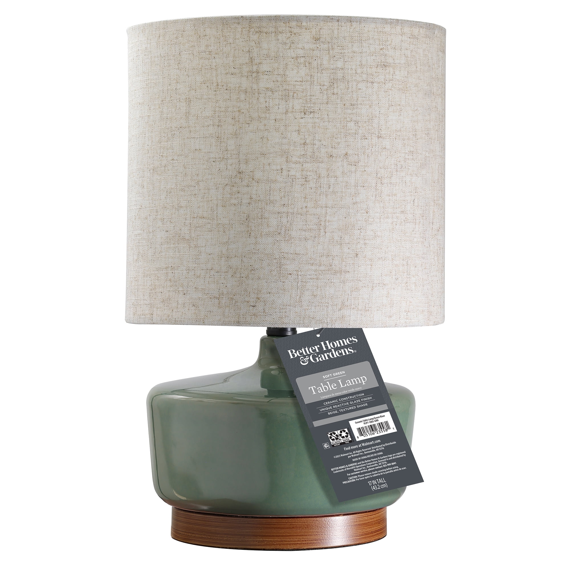 Better Homes & Gardens Modern Mid-Century Ceramic Table Lamp with Wood Base (Deep Green, 17 in) x50hl