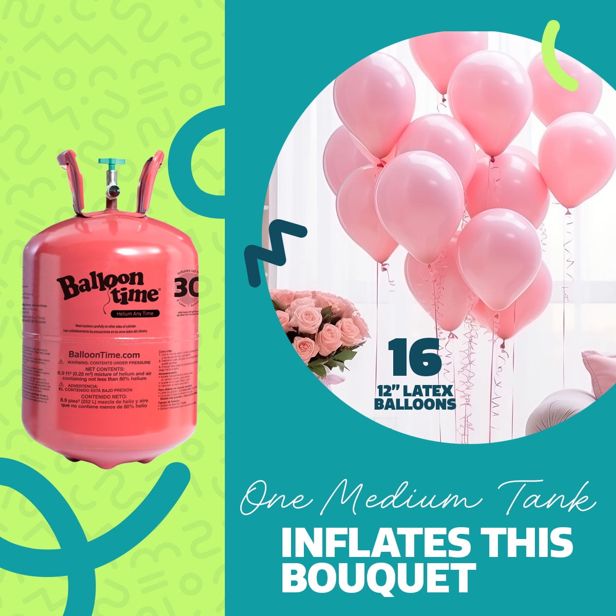 Balloon Time Helium Tank Kit for Party Decorations with Ribbons and Balloons (Medium, 8.9 cu ft) 6ayji