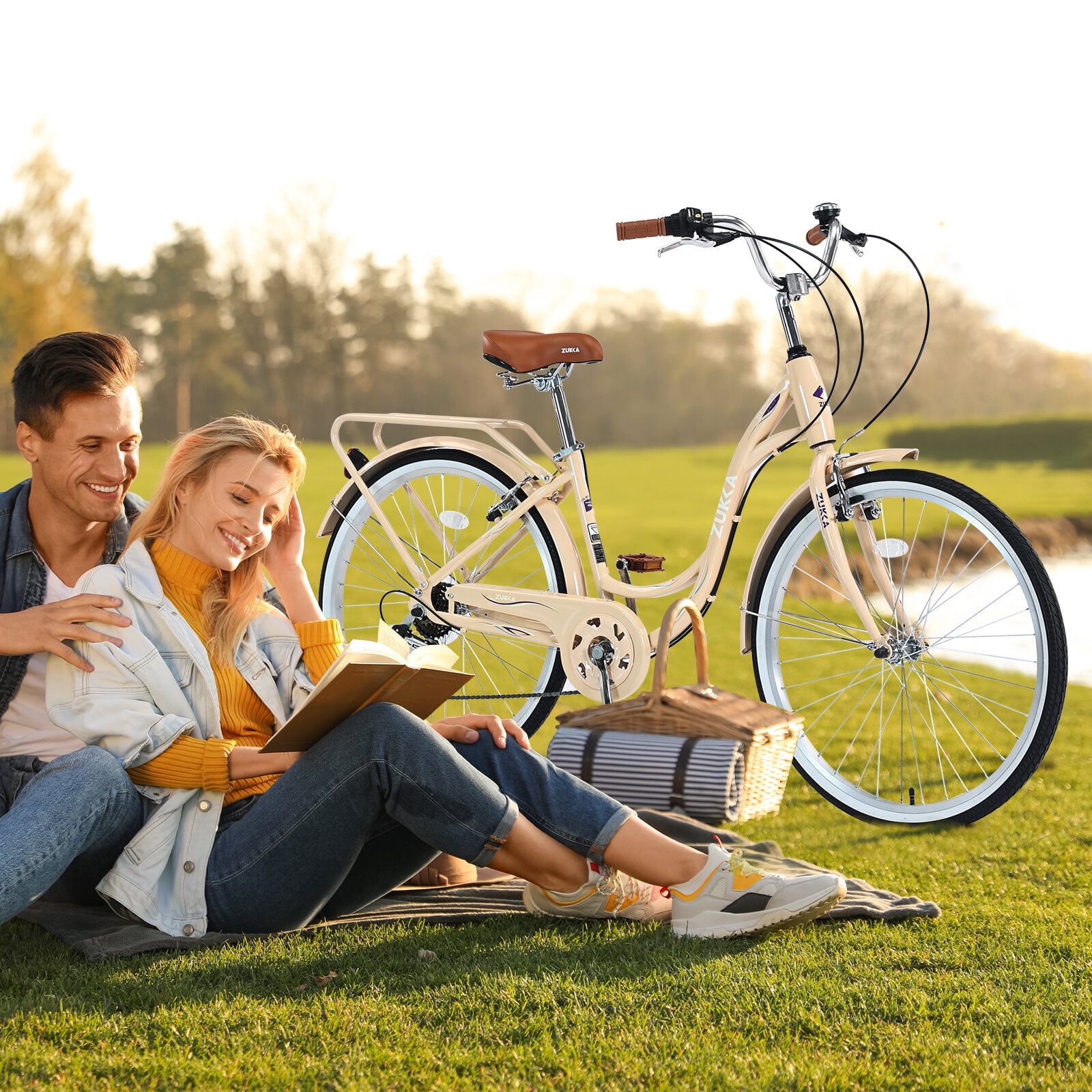 PuppyCheer 7-Speed Mountain Bike, Steel Frame Hybrid Commuter Bicycle (Beige, 24 in) esw6a