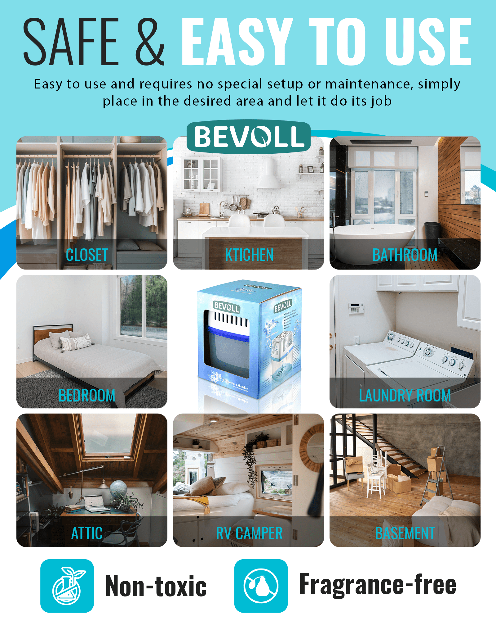 Bevoll Moisture Absorber Dehumidifier Pack (Odor Eliminator for Home Basement Bathroom Closet, 8 Pack, 17.6 oz) ikhxd