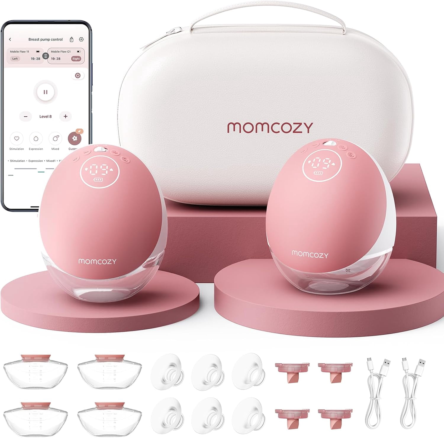 Momcozy M9 Hands-Free Wearable Breast Pump, App-Controlled Portable Milk Extractor (Cozy Red, 2 Pack, 5.07 fl oz) zs18a
