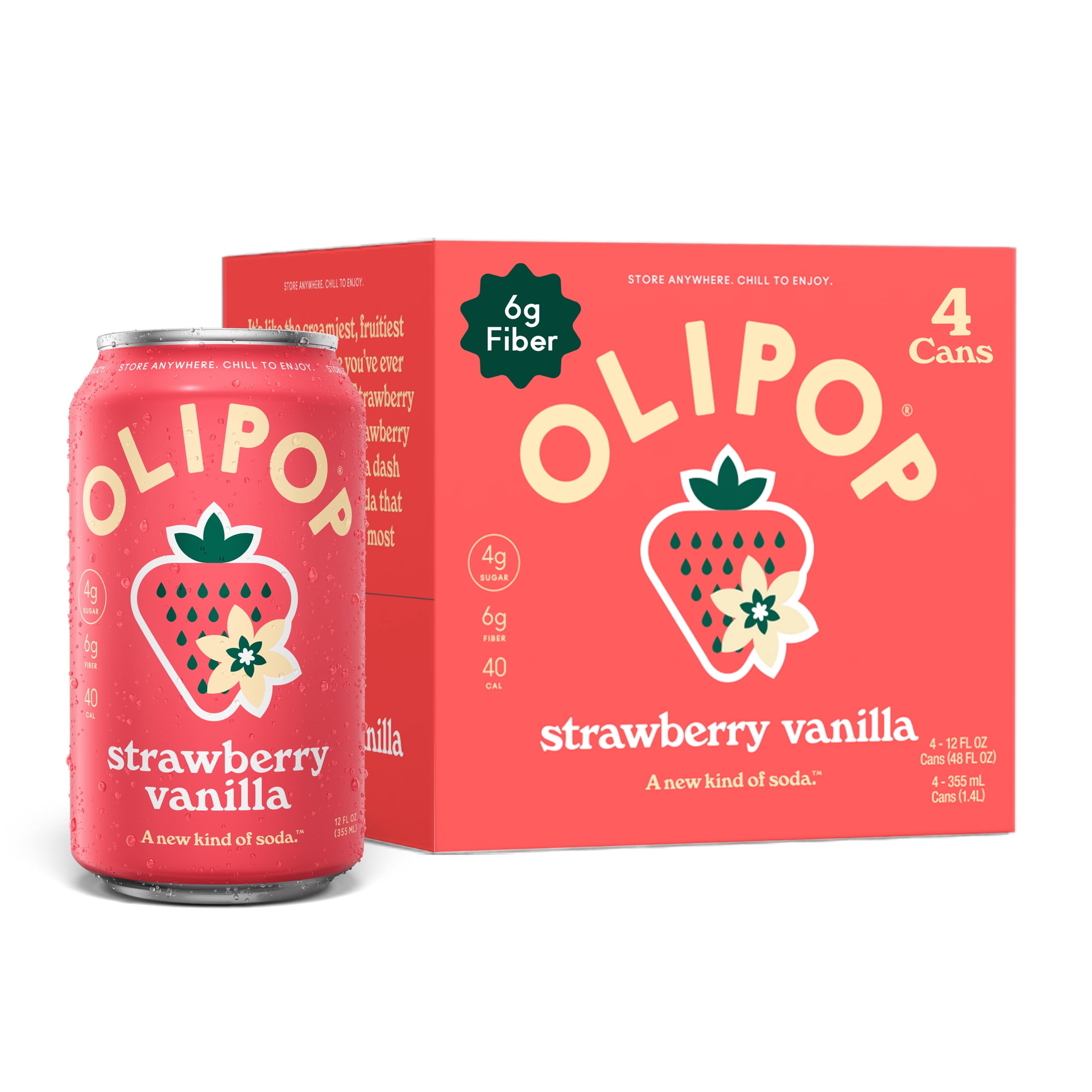 OLIPOP Prebiotic Soda, Strawberry Vanilla, Digestive Health Support Drink (4 Pack, 12 fl oz) ux7nr